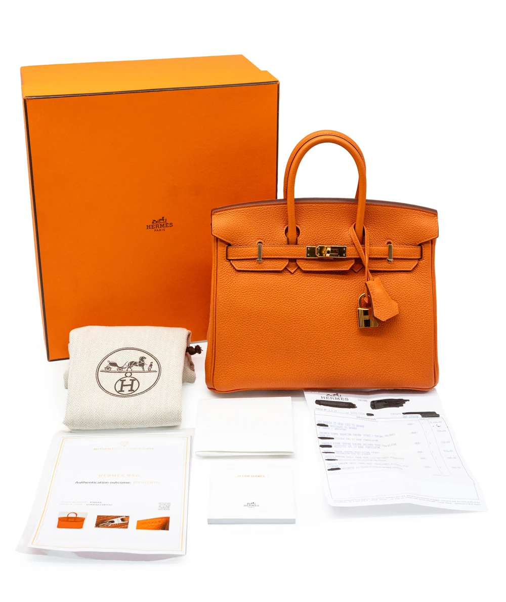 Hermes Birkin (Stamp B) Size 25 Togo Leather handbag in Orange with Gold Hardware Brand New Year 2023