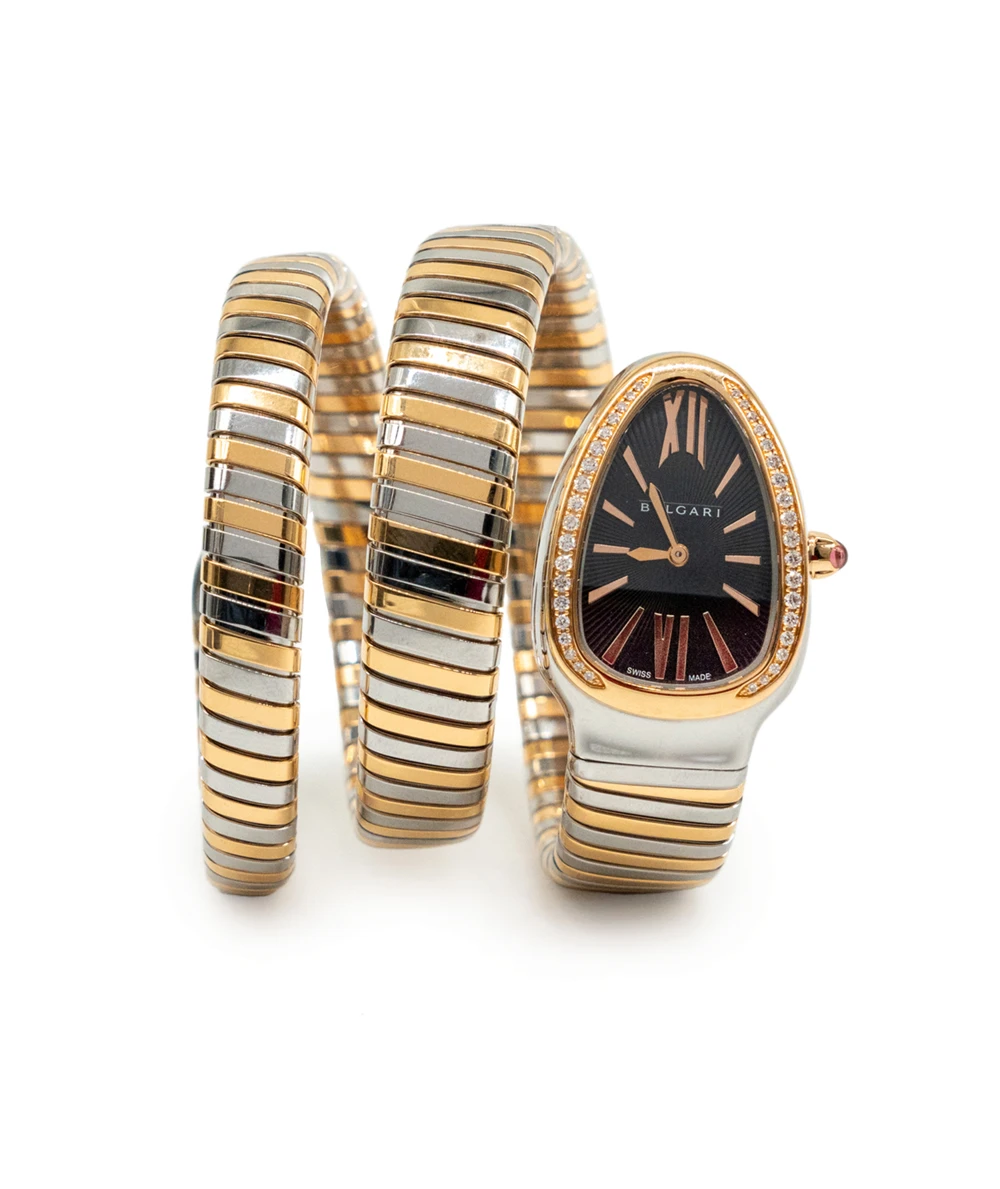Bvlgari Serpenti 35mm Black Dial 18K Yellow Gold and Stainless Steel Tubogas Womens Wristwatch with Diamond Encrusted Bezel