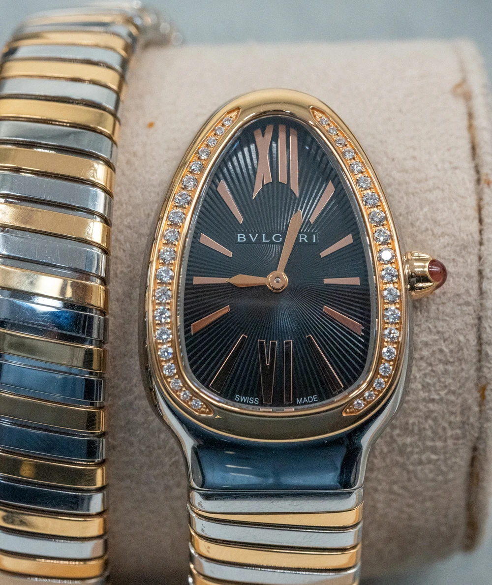 Bvlgari Serpenti 35mm Black Dial 18K Yellow Gold and Stainless Steel Tubogas Womens Wristwatch with Diamond Encrusted Bezel