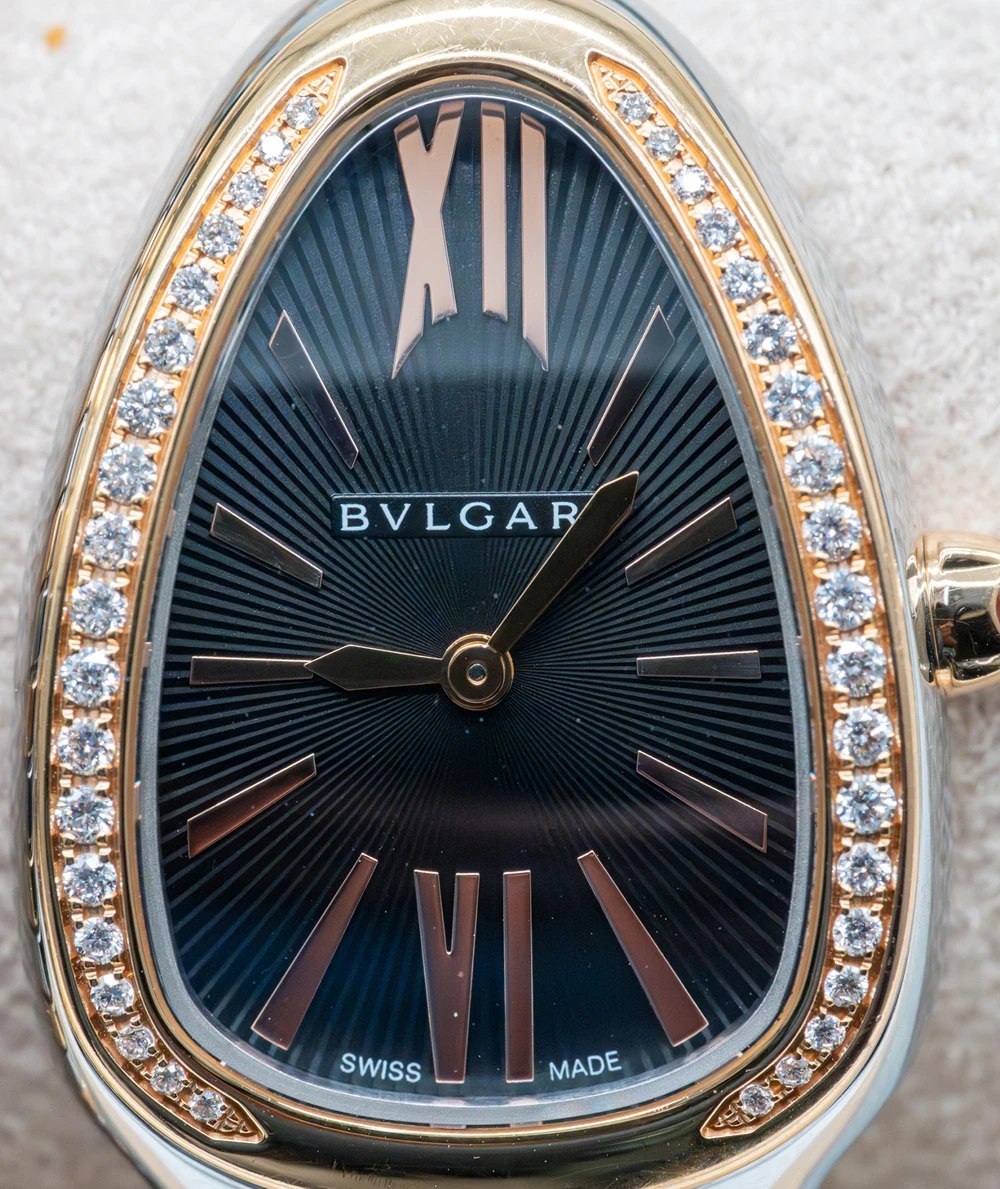 Bvlgari Serpenti 35mm Black Dial 18K Yellow Gold and Stainless Steel Tubogas Womens Wristwatch with Diamond Encrusted Bezel