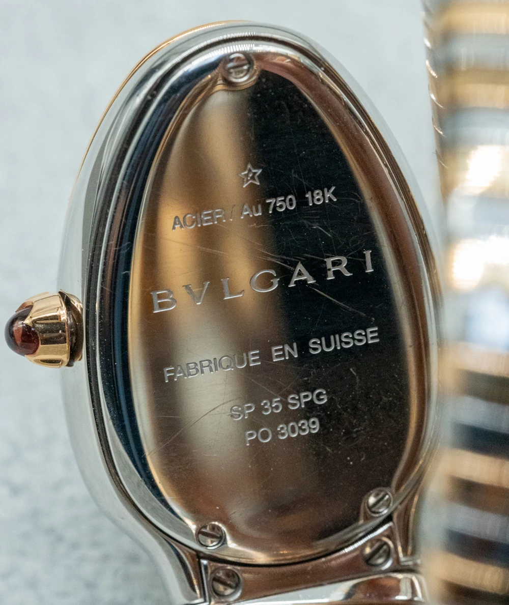 Bvlgari Serpenti 35mm Black Dial 18K Yellow Gold and Stainless Steel Tubogas Womens Wristwatch with Diamond Encrusted Bezel