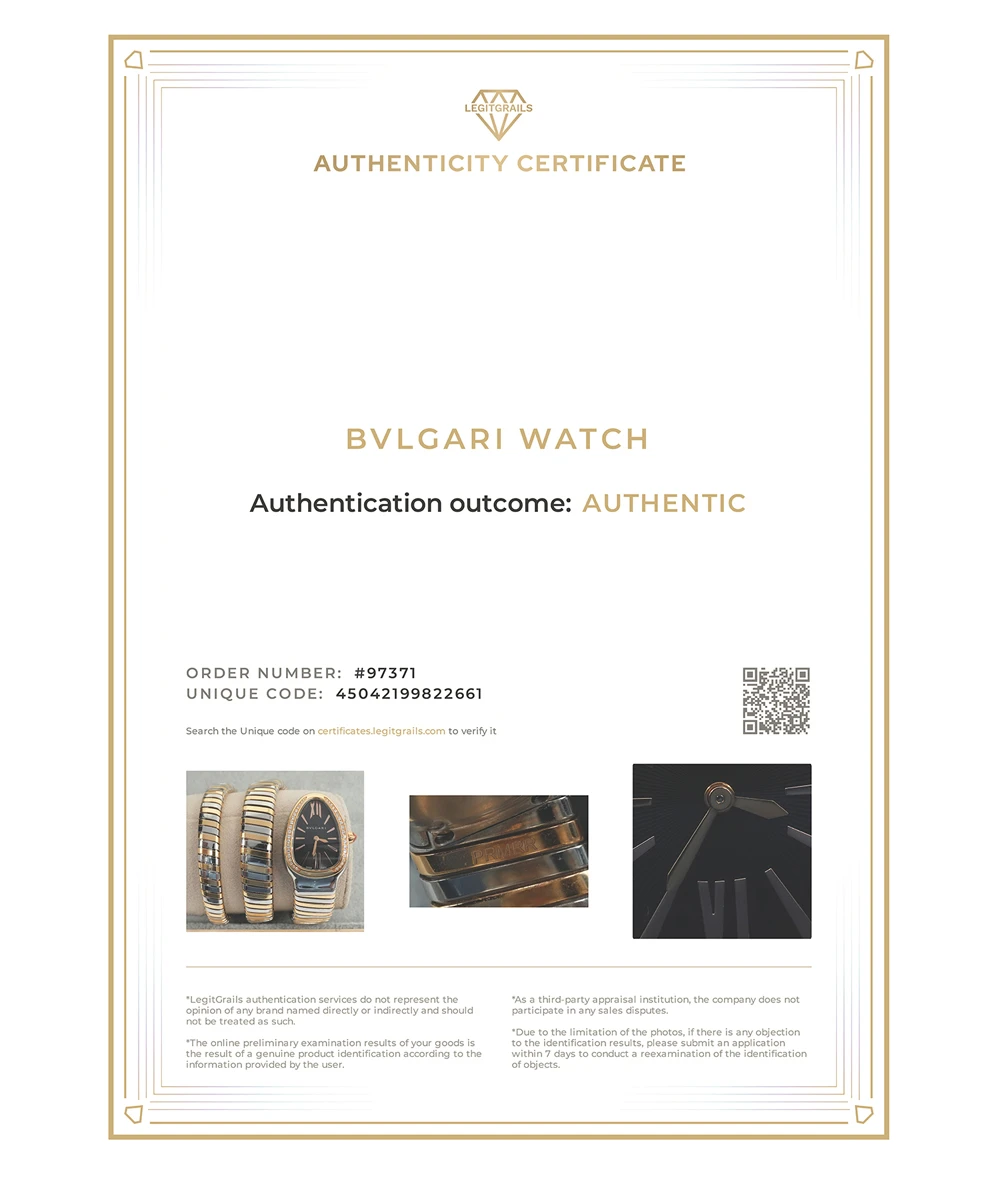 Bvlgari Serpenti 35mm Black Dial 18K Yellow Gold and Stainless Steel Tubogas Womens Wristwatch with Diamond Encrusted Bezel