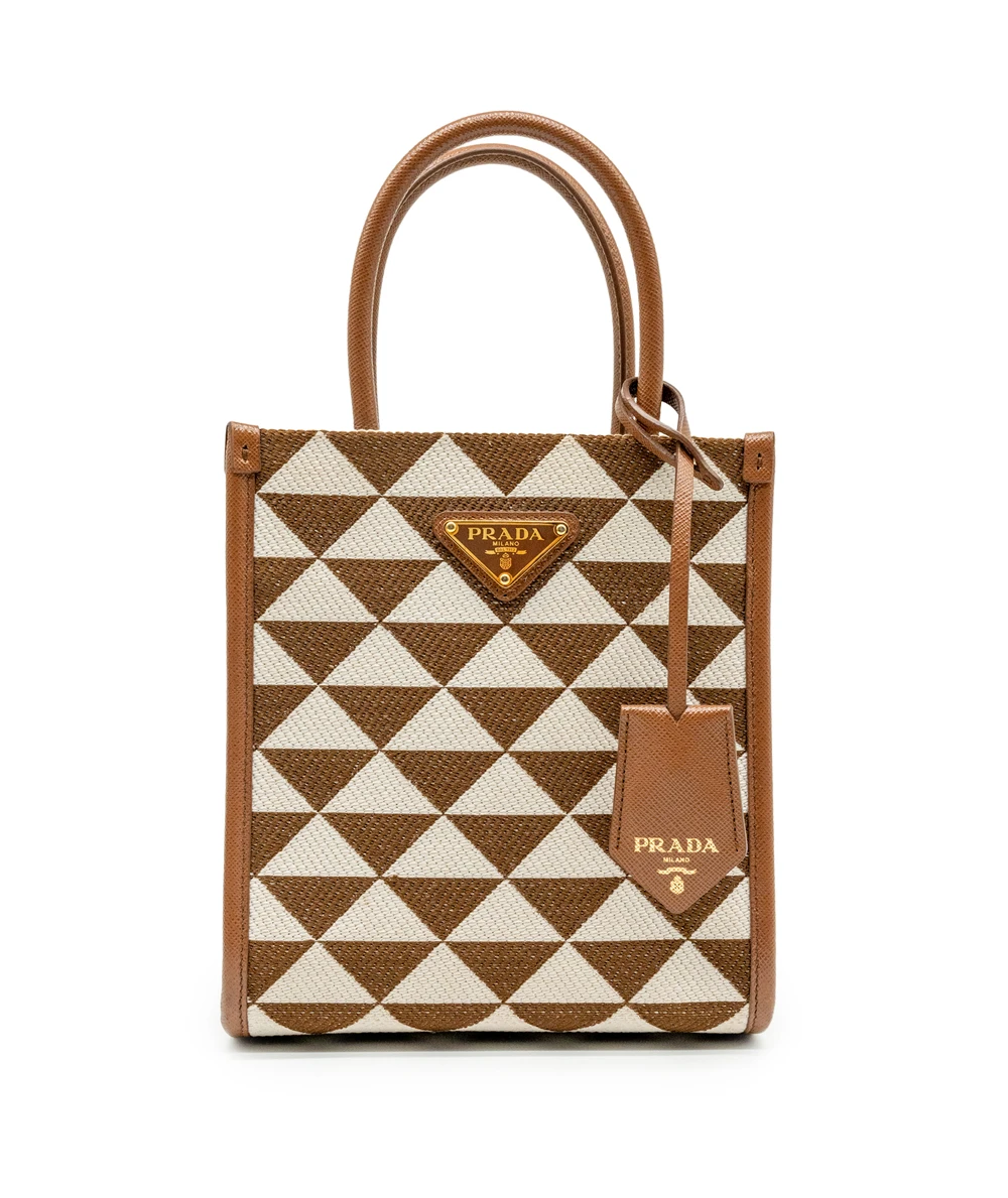 Prada Tobacco  Chalk White Symbole Embroidered Fabric Mini Bag