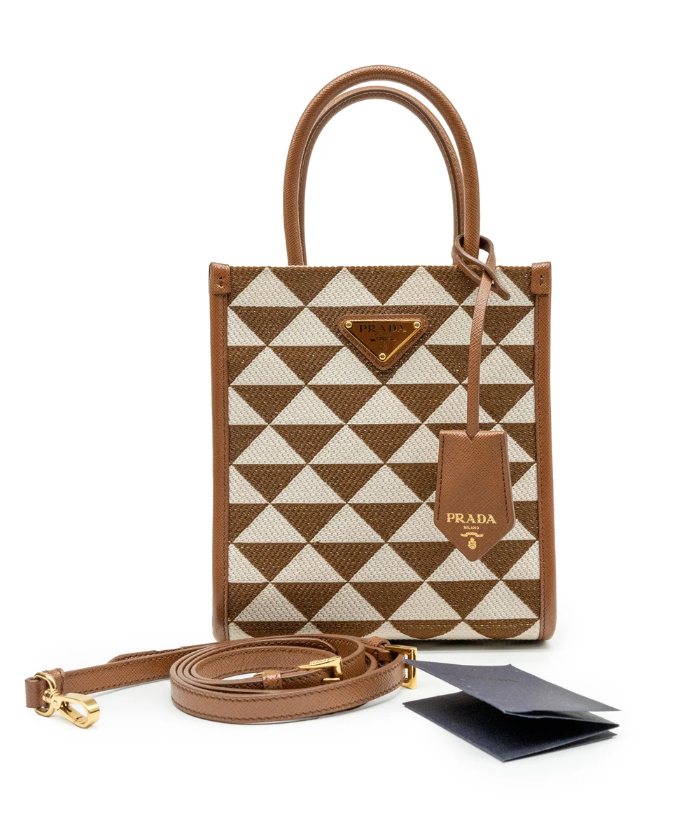 Prada Tobacco  Chalk White Symbole Embroidered Fabric Mini Bag