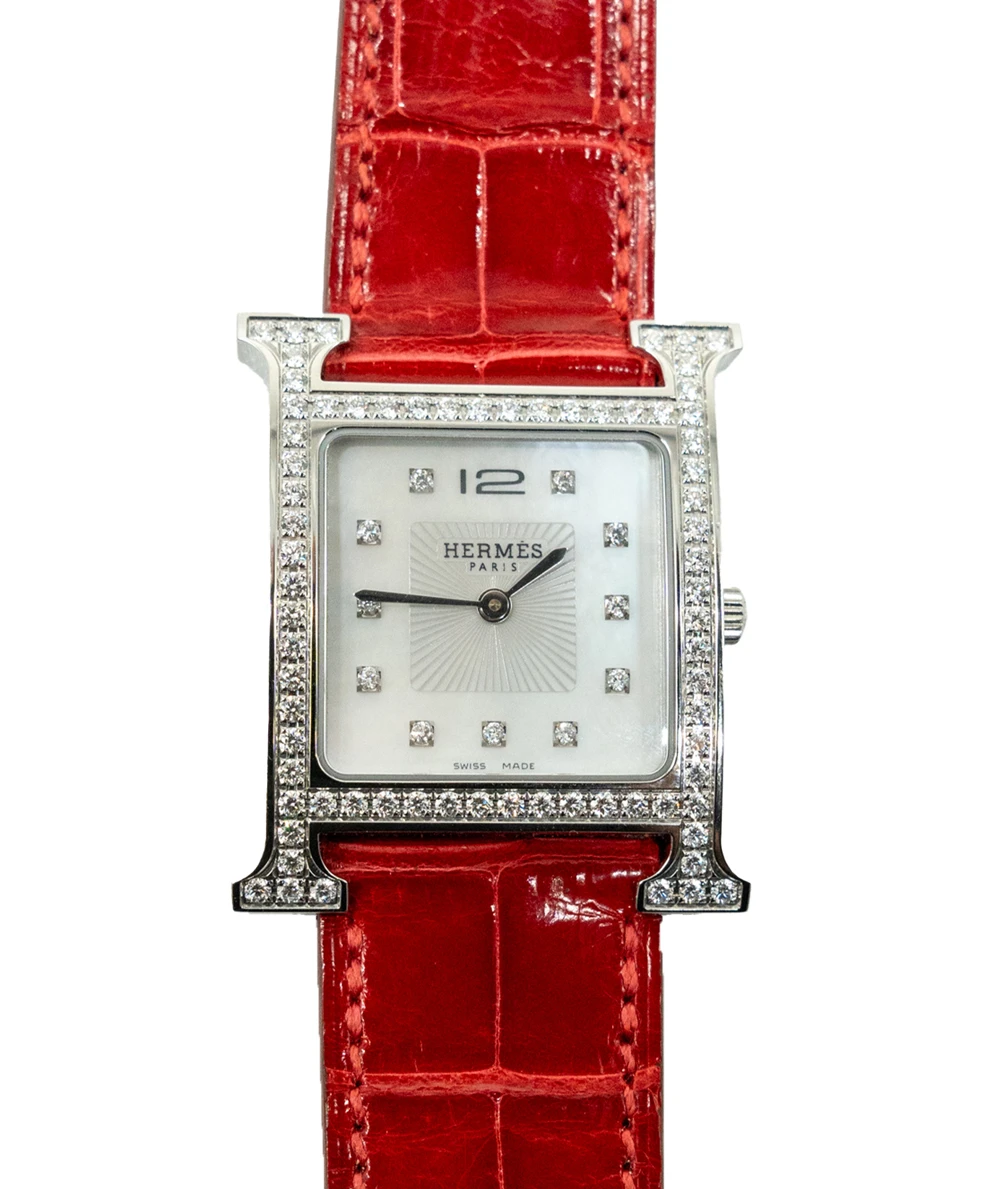 Hermes 30mm Mother of pearl Stainless Steel Diamond Alligator Heure H Medium Womens Watch