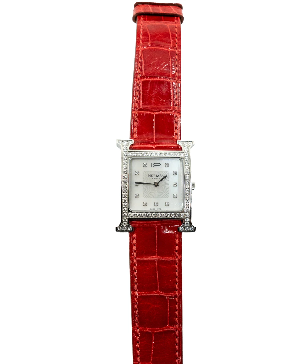 Hermes 30mm Mother of pearl Stainless Steel Diamond Alligator Heure H Medium Womens Watch