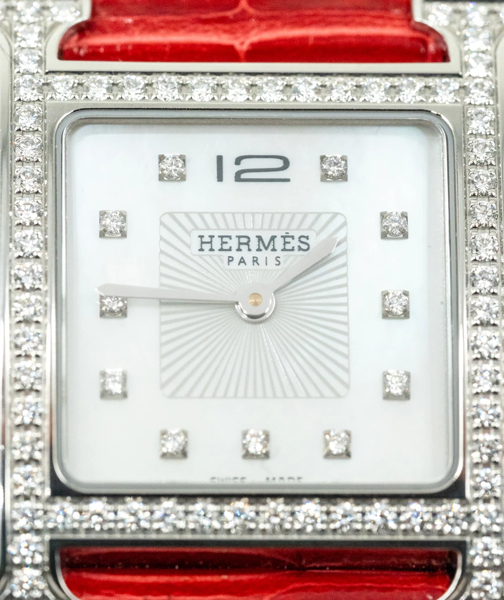 Hermes 30mm Mother of pearl Stainless Steel Diamond Alligator Heure H Medium Womens Watch
