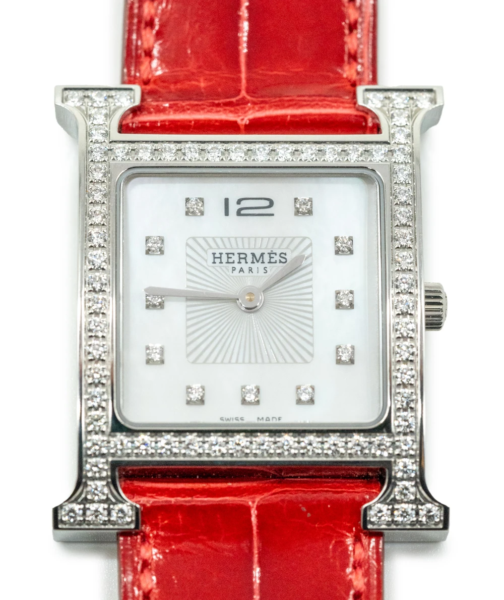 Hermes 30mm Mother of pearl Stainless Steel Diamond Alligator Heure H Medium Womens Watch