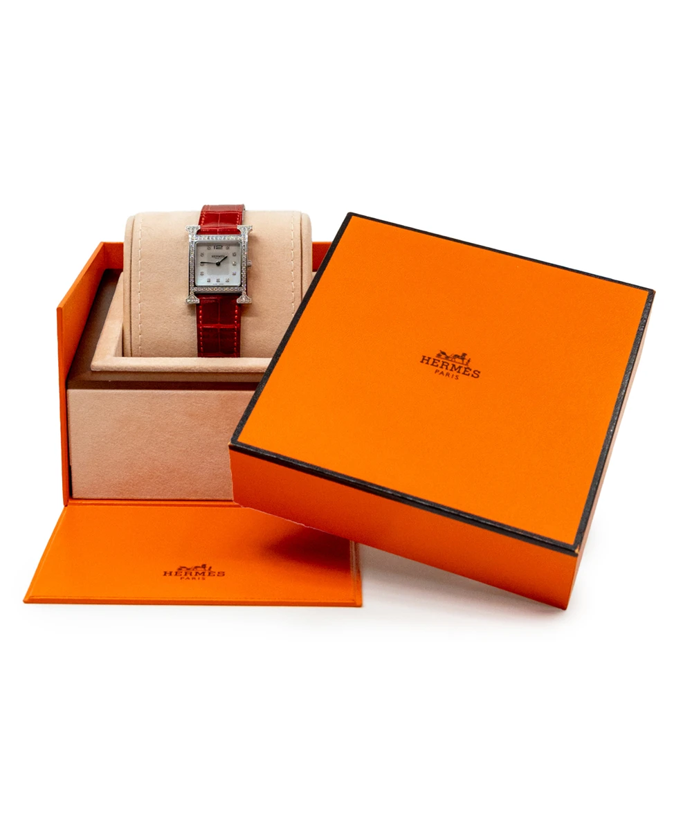 Hermes 30mm Mother of pearl Stainless Steel Diamond Alligator Heure H Medium Womens Watch