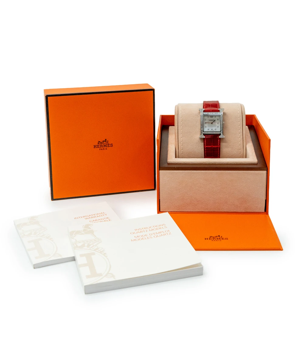 Hermes 30mm Mother of pearl Stainless Steel Diamond Alligator Heure H Medium Womens Watch