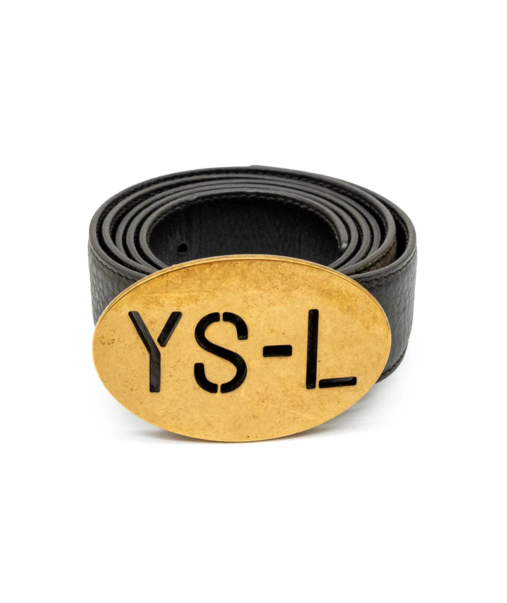 Yves Saint Laurent Mens Belt in Dark Brown Leather with Gold YSL Oval Buckle