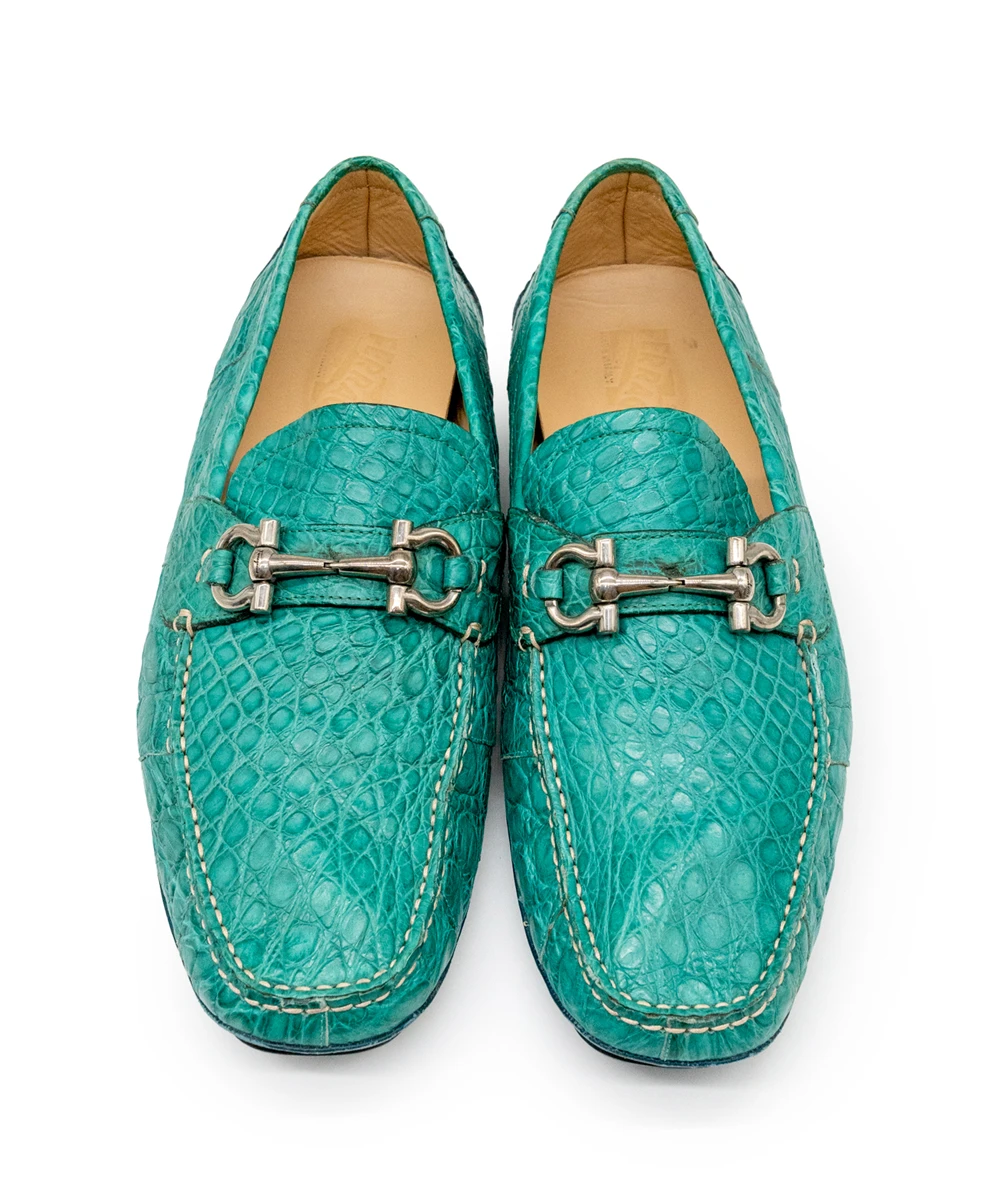 Salvatore Ferragamo Teal Croc Embossed Leather Parigi Loafers Size 42.5