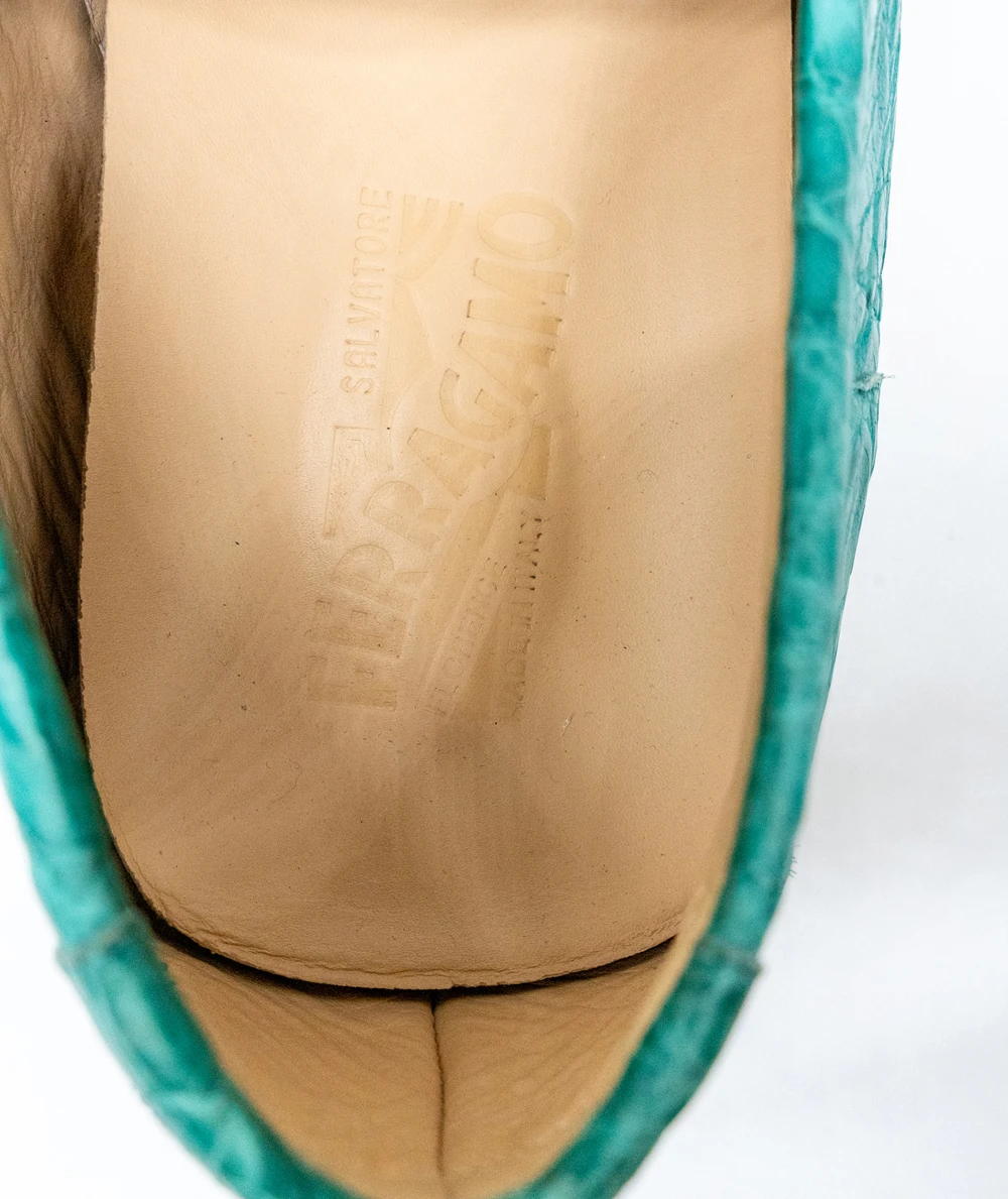 Salvatore Ferragamo Teal Croc Embossed Leather Parigi Loafers Size 42.5