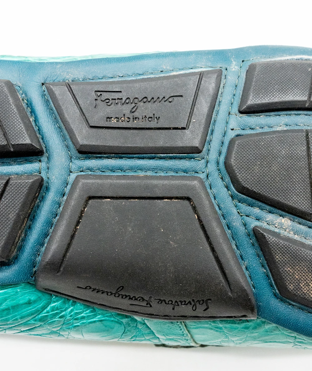 Salvatore Ferragamo Teal Croc Embossed Leather Parigi Loafers Size 42.5