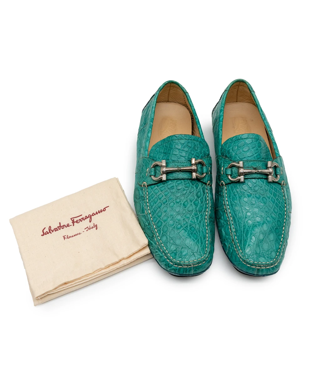 Salvatore Ferragamo Teal Croc Embossed Leather Parigi Loafers Size 42.5