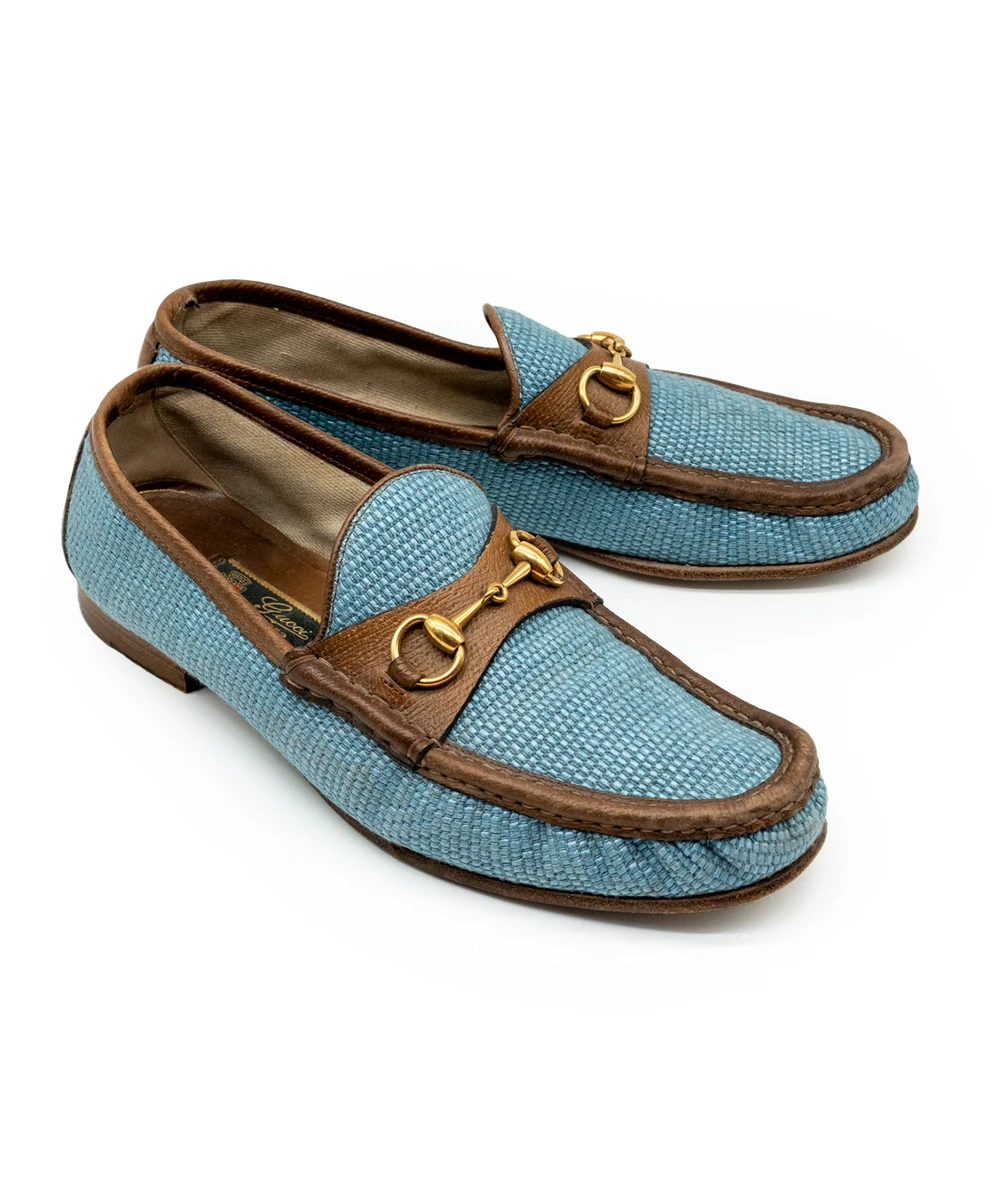 Gucci Blue/Brown Denim Fabric And Leather Mens Horsebit Loafers Size 42.5