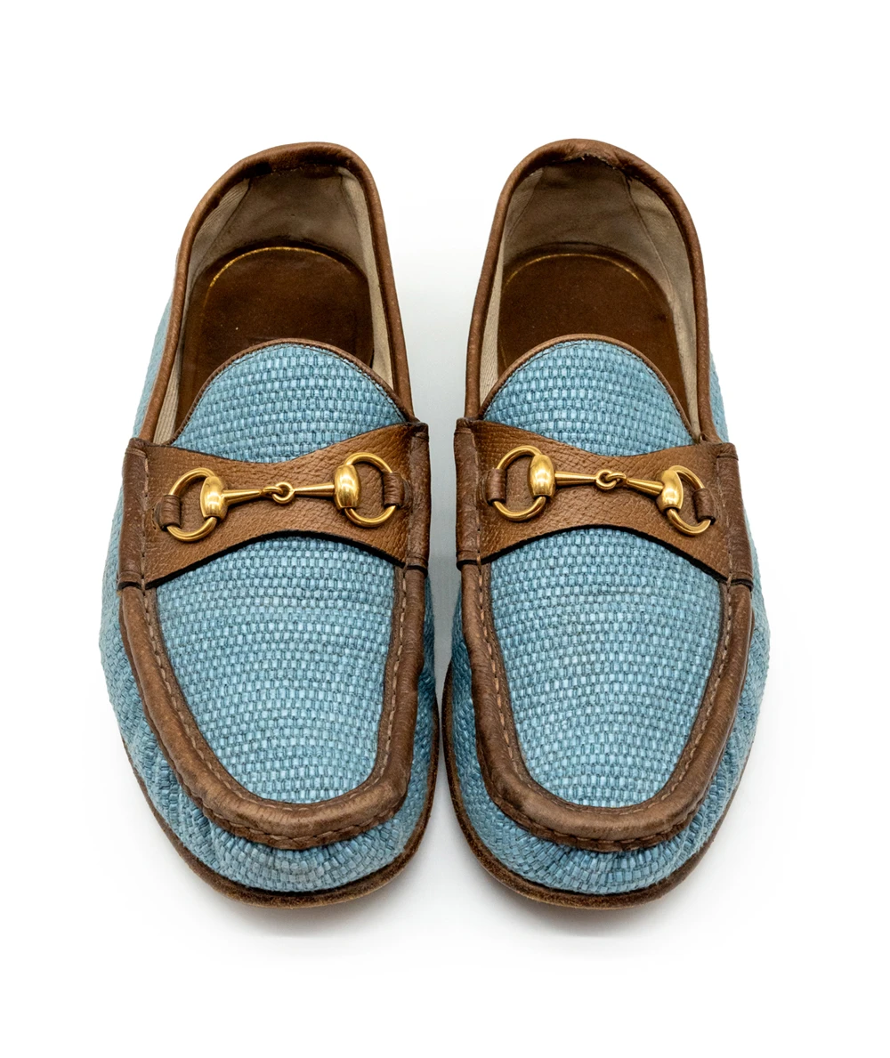Gucci Blue/Brown Denim Fabric And Leather Mens Horsebit Loafers Size 42.5