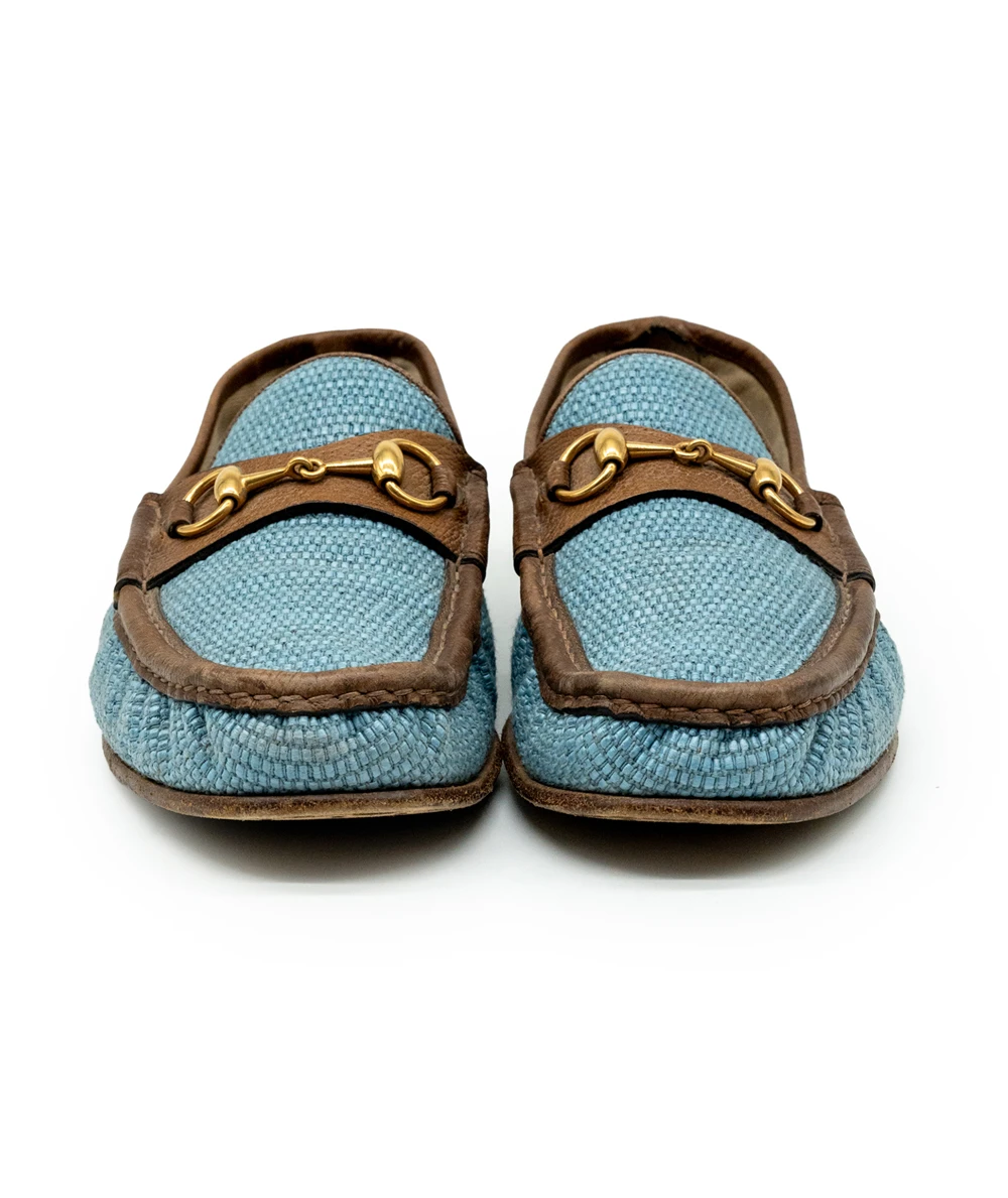 Gucci Blue/Brown Denim Fabric And Leather Mens Horsebit Loafers Size 42.5