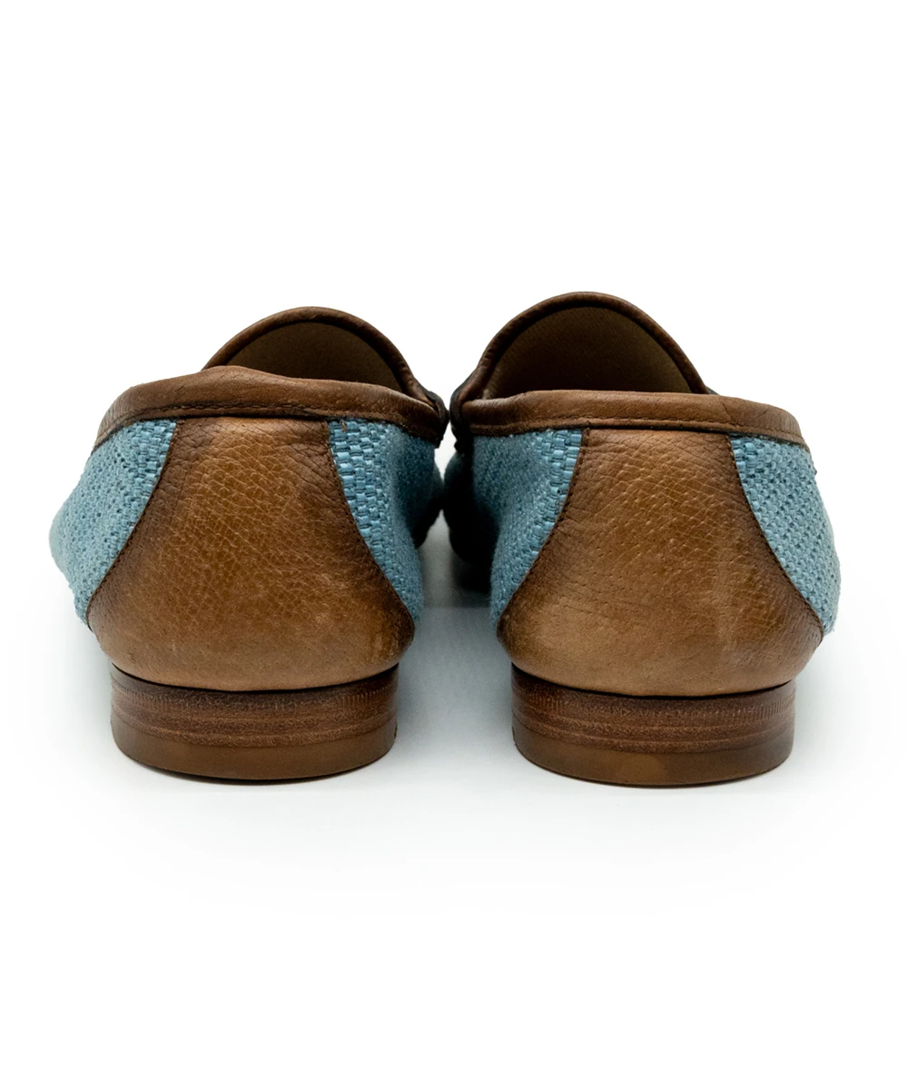 Gucci Blue/Brown Denim Fabric And Leather Mens Horsebit Loafers Size 42.5