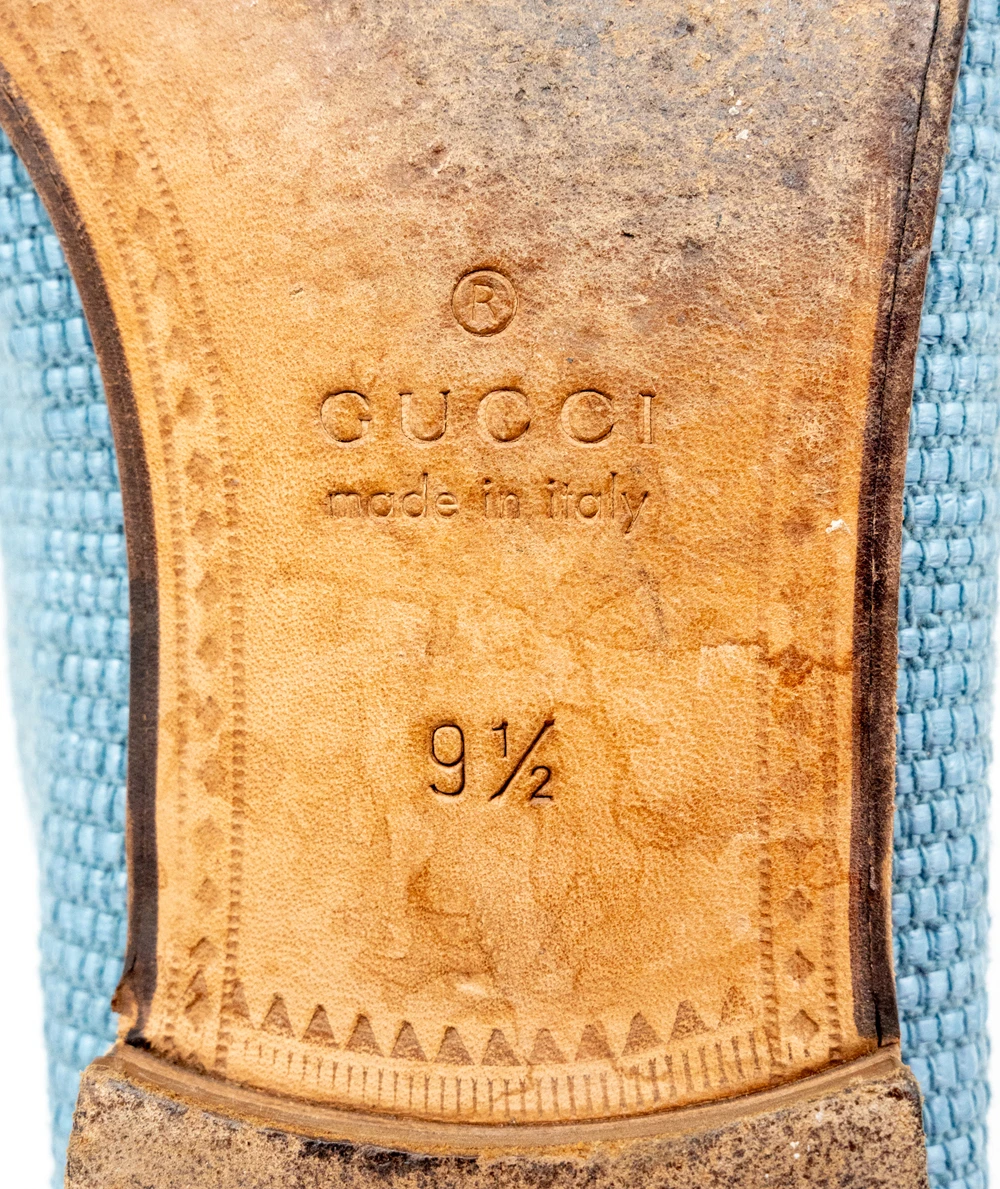 Gucci Blue/Brown Denim Fabric And Leather Mens Horsebit Loafers Size 42.5