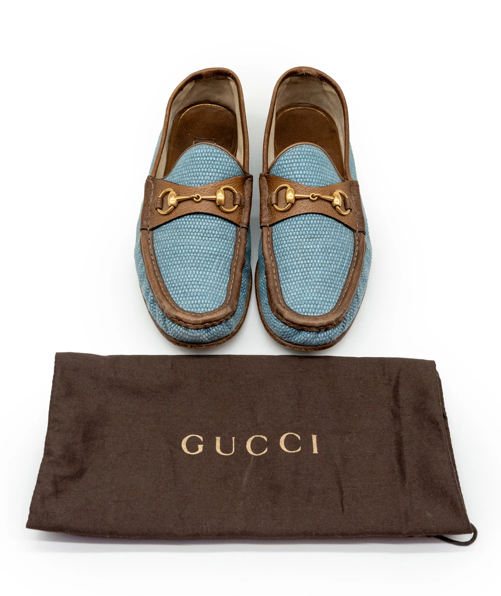 Gucci Blue/Brown Denim Fabric And Leather Mens Horsebit Loafers Size 42.5