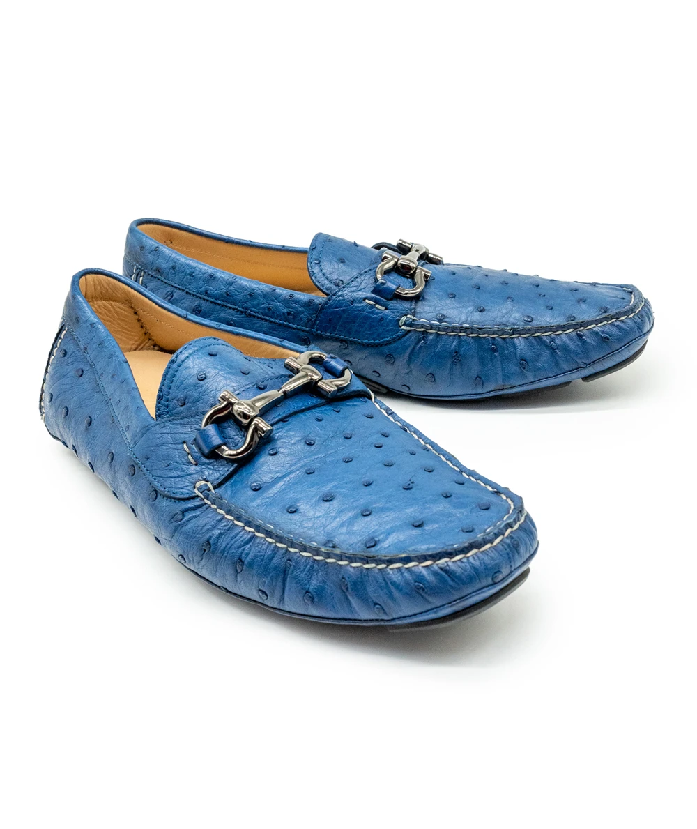 Salvatore Ferragamo Mens Blue Ostrich Leather Loafers Size 42.5