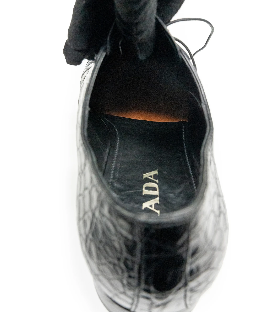 Prada Crocodile Lace Up Leather Shoes in Black Size 43