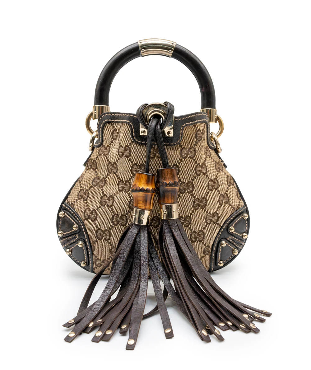 Gucci Monogram Canvas and Leather Mini Indy Top Handle Hobo Bag in Brown and Beige