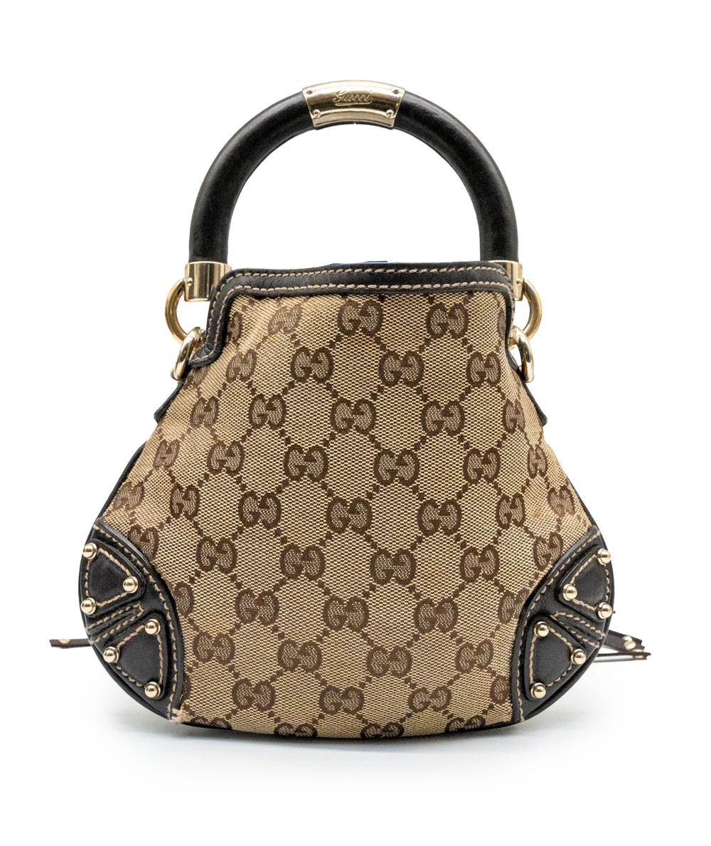 Gucci Monogram Canvas and Leather Mini Indy Top Handle Hobo Bag in Brown and Beige