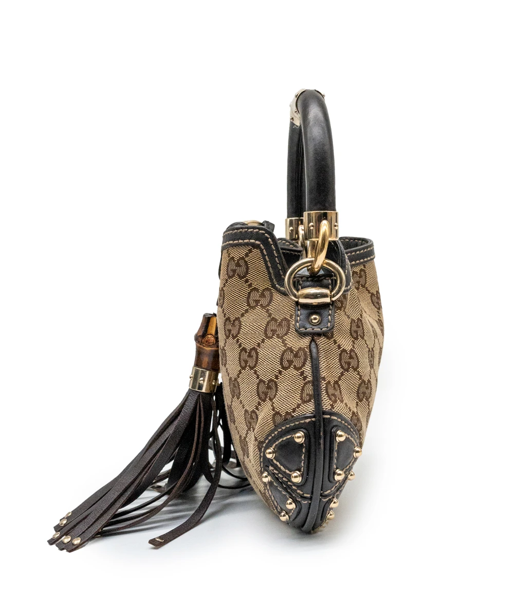 Gucci Monogram Canvas and Leather Mini Indy Top Handle Hobo Bag in Brown and Beige