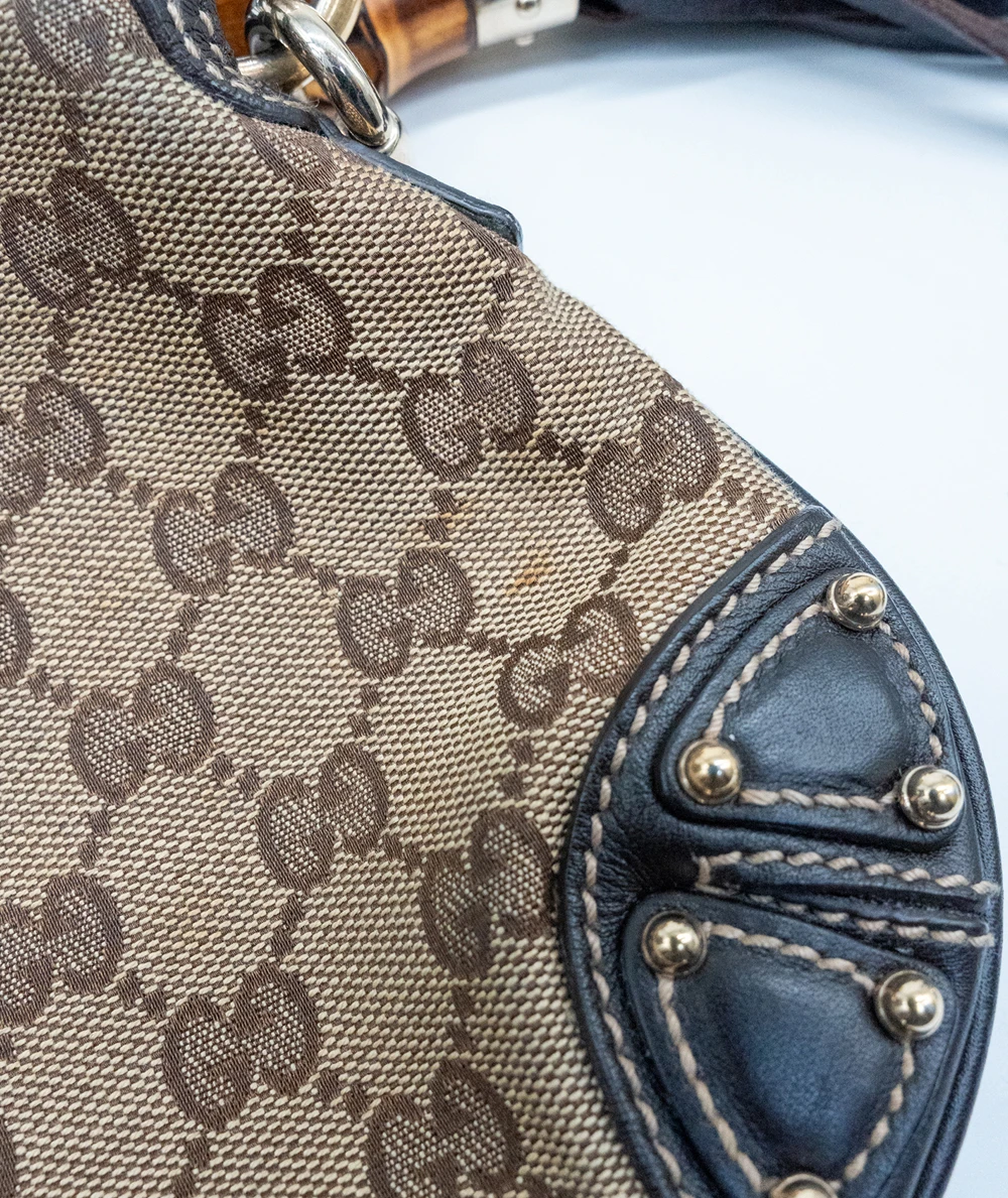 Gucci Monogram Canvas and Leather Mini Indy Top Handle Hobo Bag in Brown and Beige