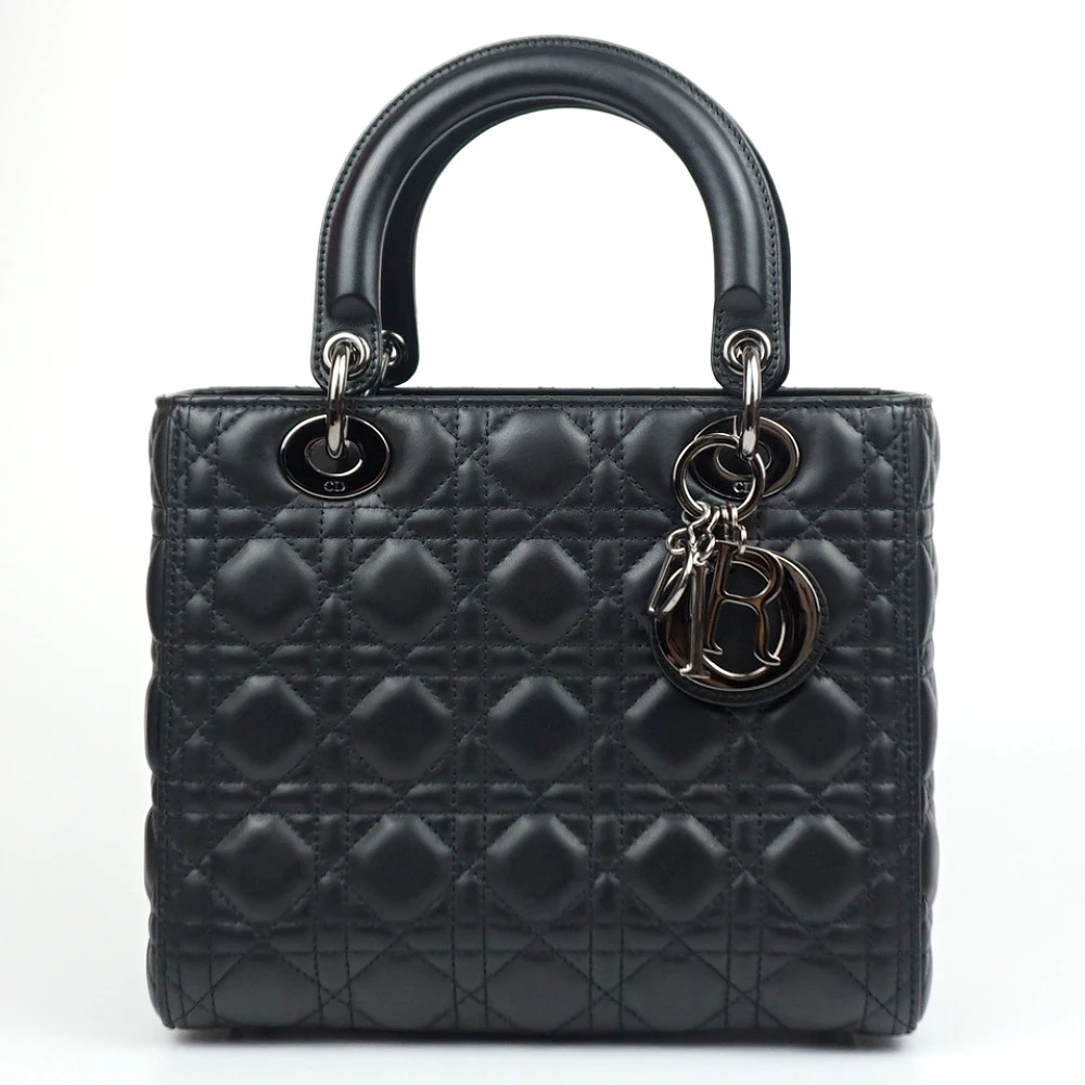 Christian Dior Black Color Cannage Lambskin Leather Medium Lady Dior Satchel Bag