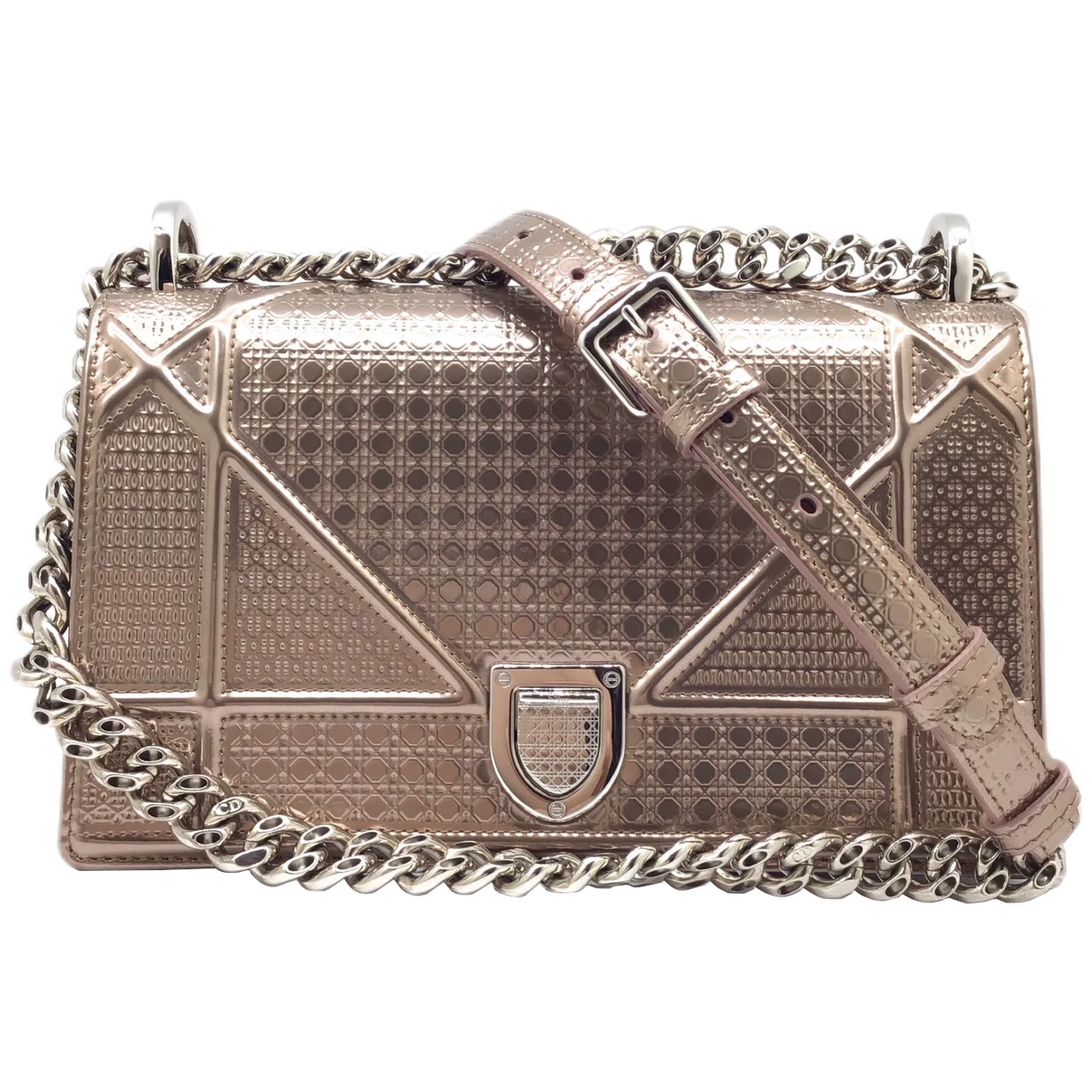 Dior Metallic Rose Gold Micro Cannage Patent Leather Medium Diorama Shoulder Bag