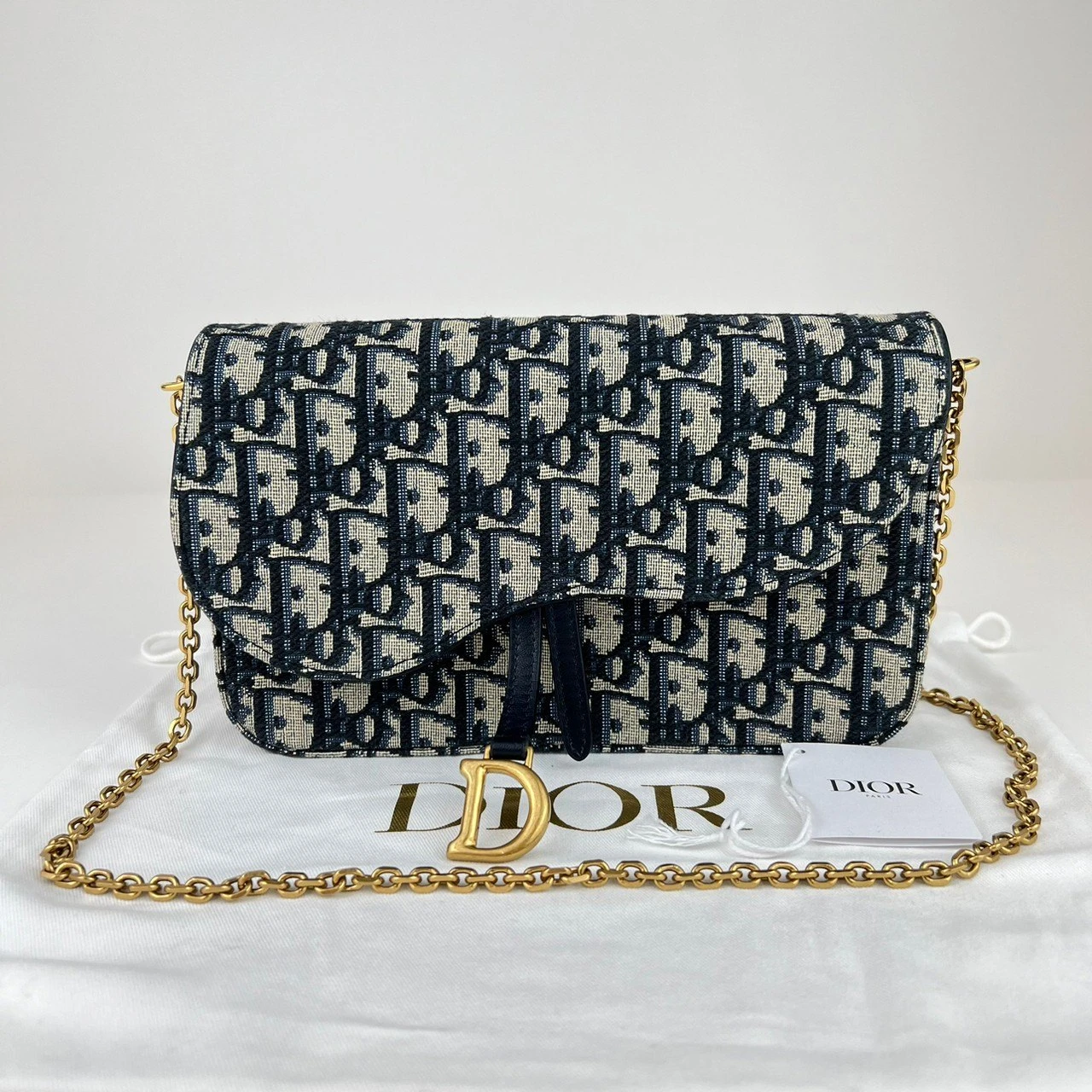 Dior Saddle Wallet on Chain in Blue Dior Oblique Jacquard