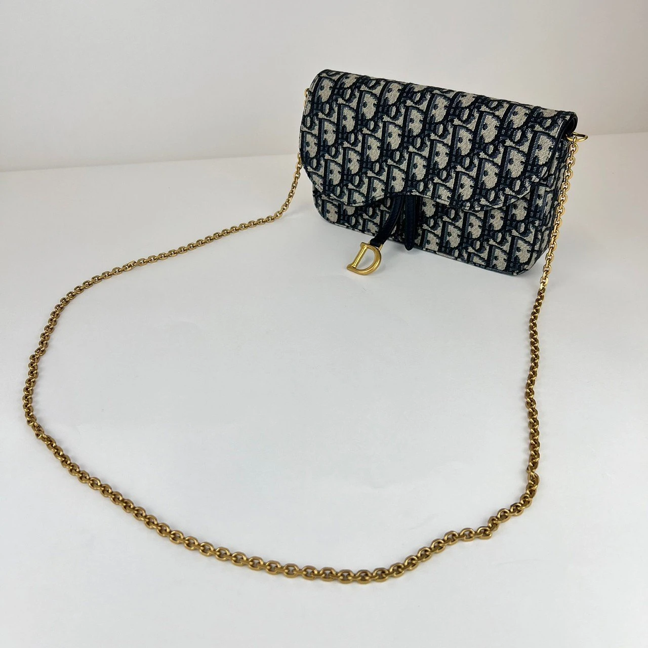 Dior Saddle Wallet on Chain in Blue Dior Oblique Jacquard