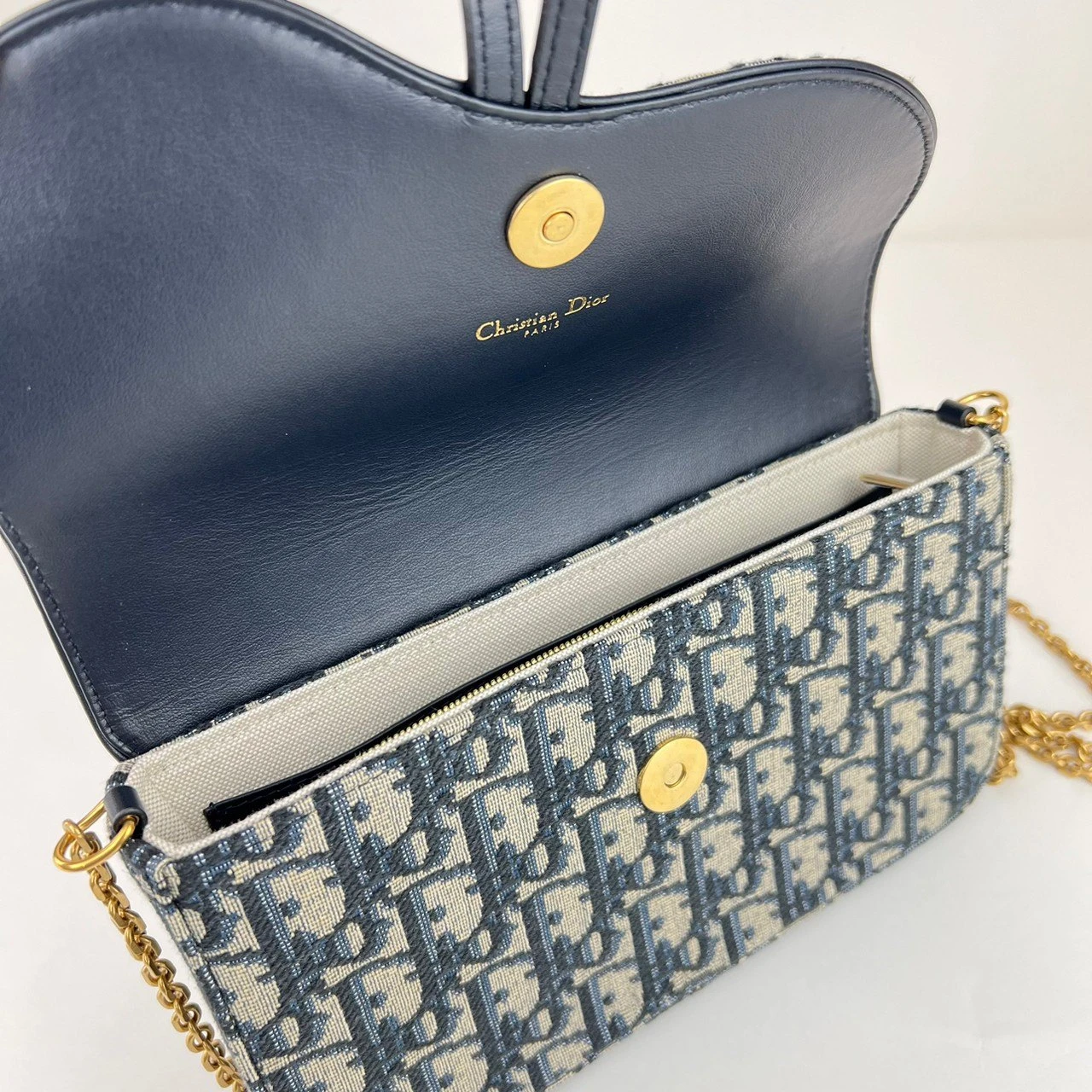 Dior Saddle Wallet on Chain in Blue Dior Oblique Jacquard