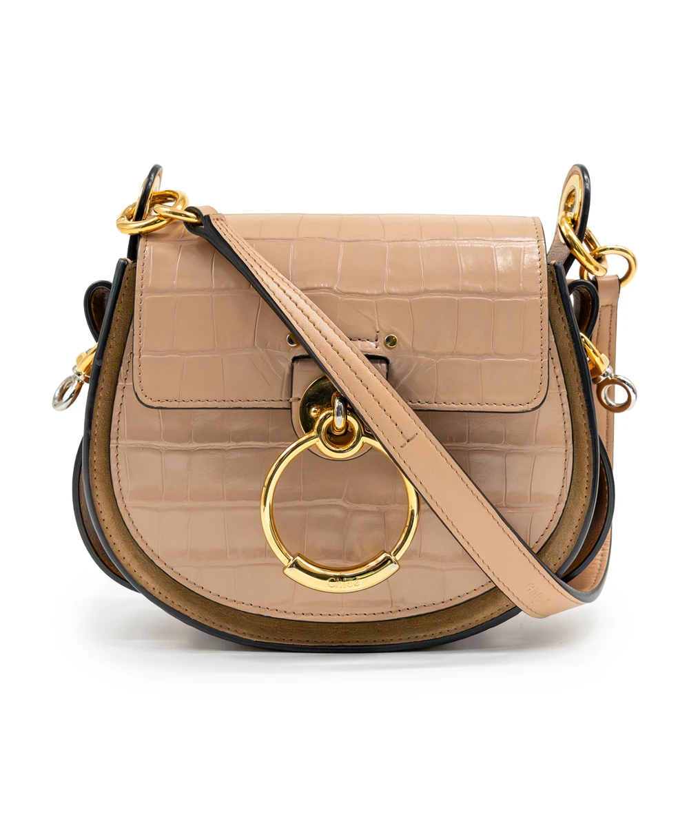 Chloe Tess Small Croc Embossed Leather Crossbody bag In Woodrose / Tan Color