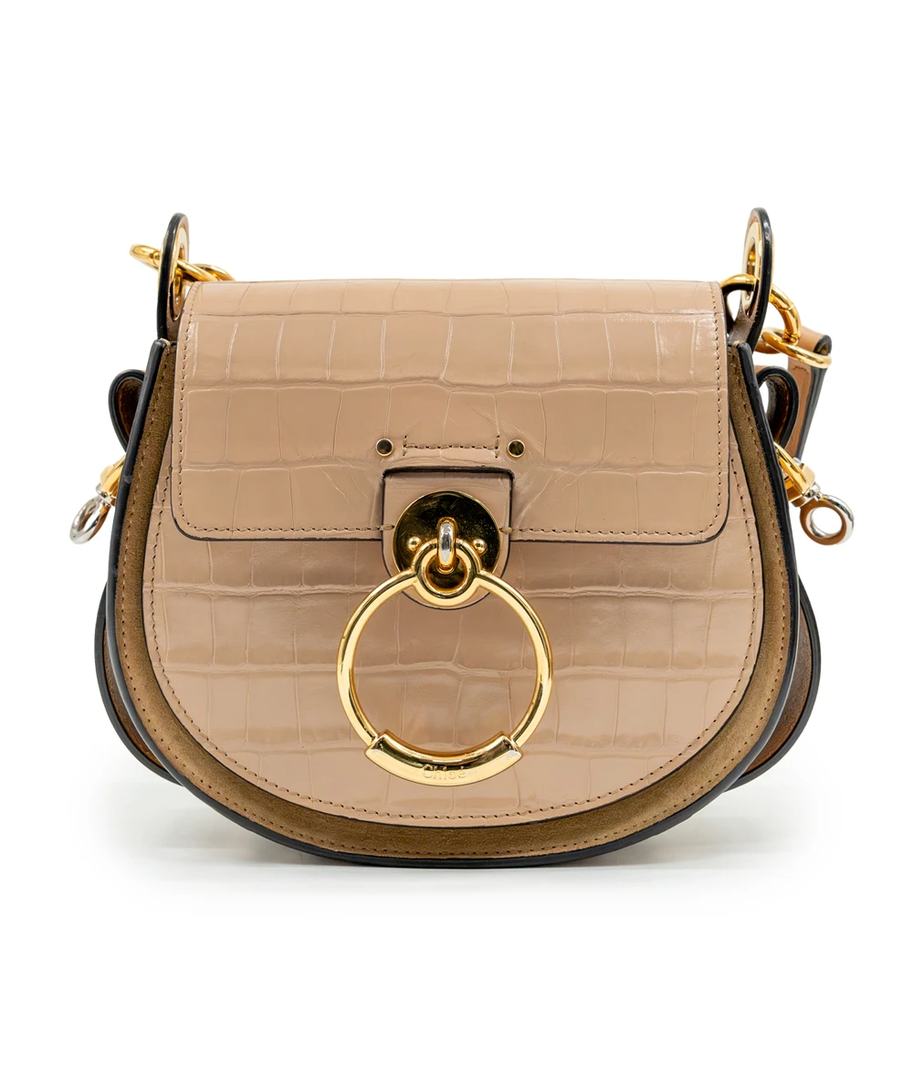 Chloe Tess Small Croc Embossed Leather Crossbody bag In Woodrose / Tan Color