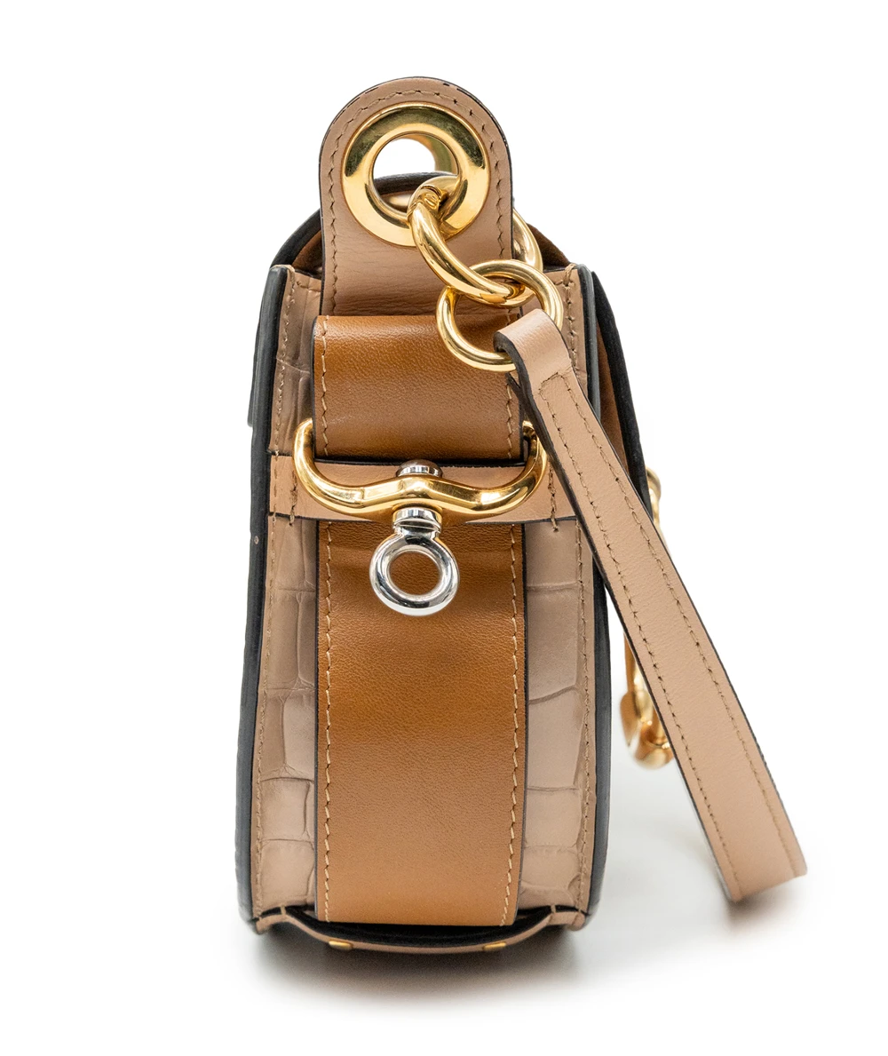 Chloe Tess Small Croc Embossed Leather Crossbody bag In Woodrose / Tan Color