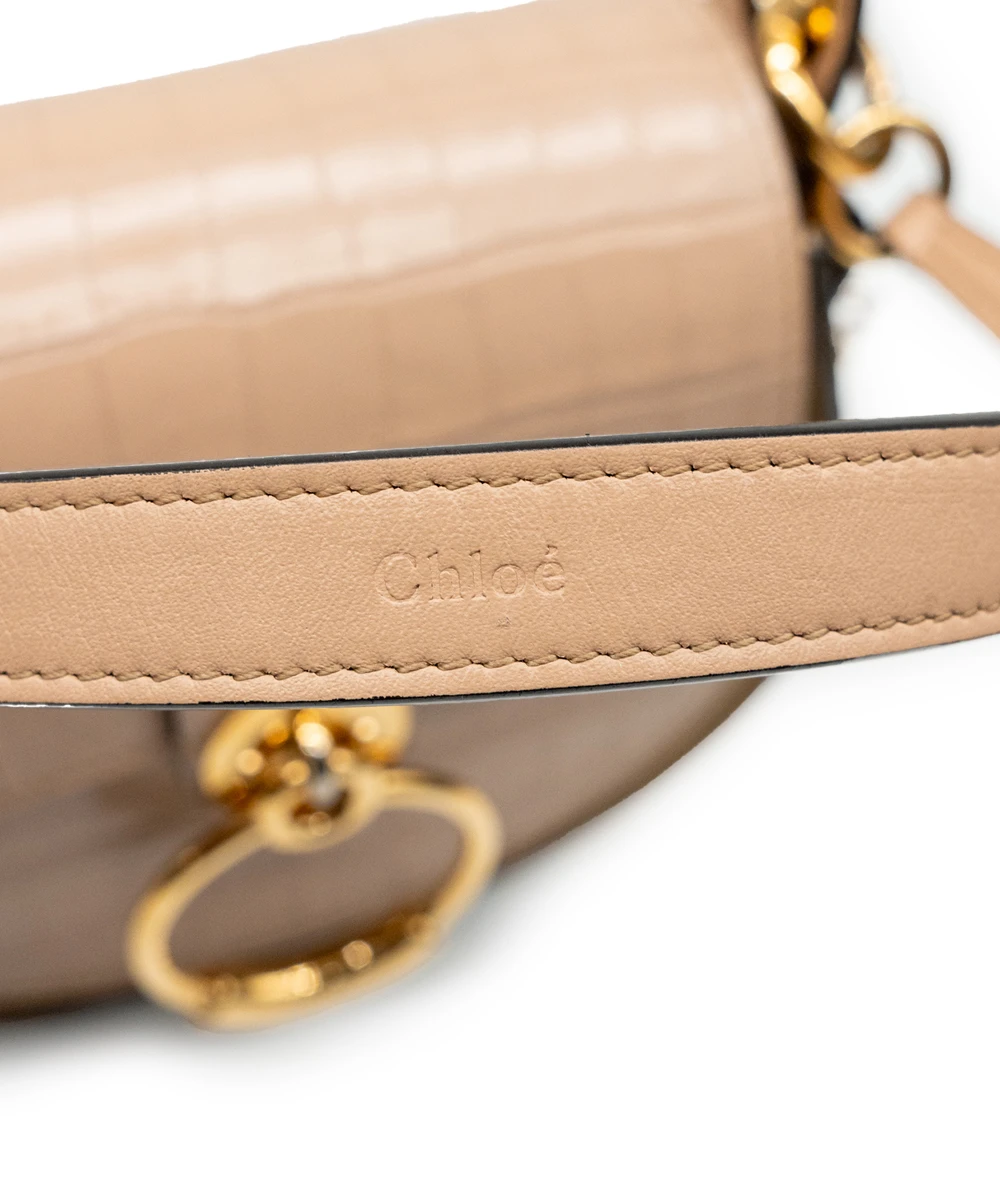 Chloe Tess Small Croc Embossed Leather Crossbody bag In Woodrose / Tan Color