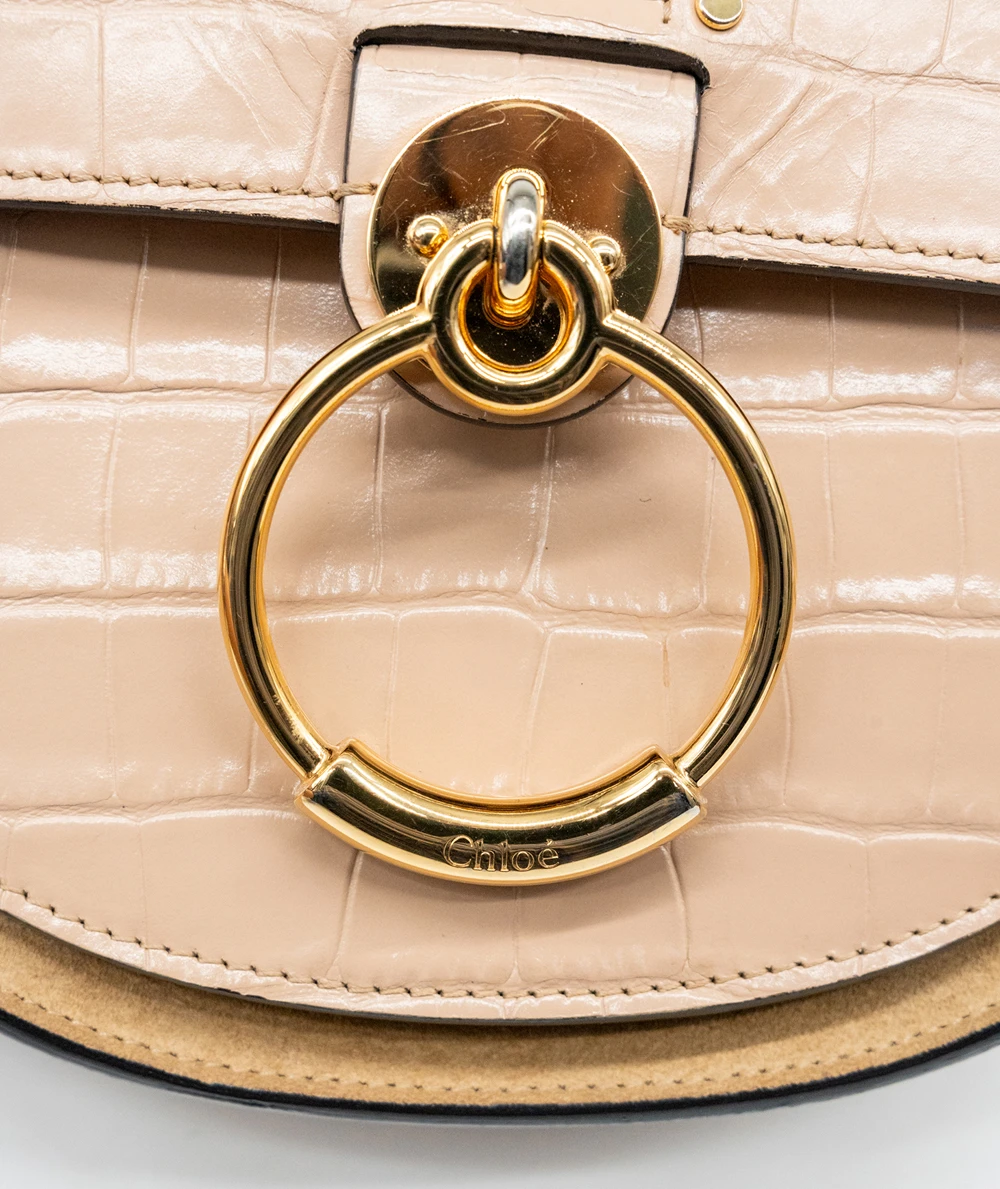 Chloe Tess Small Croc Embossed Leather Crossbody bag In Woodrose / Tan Color