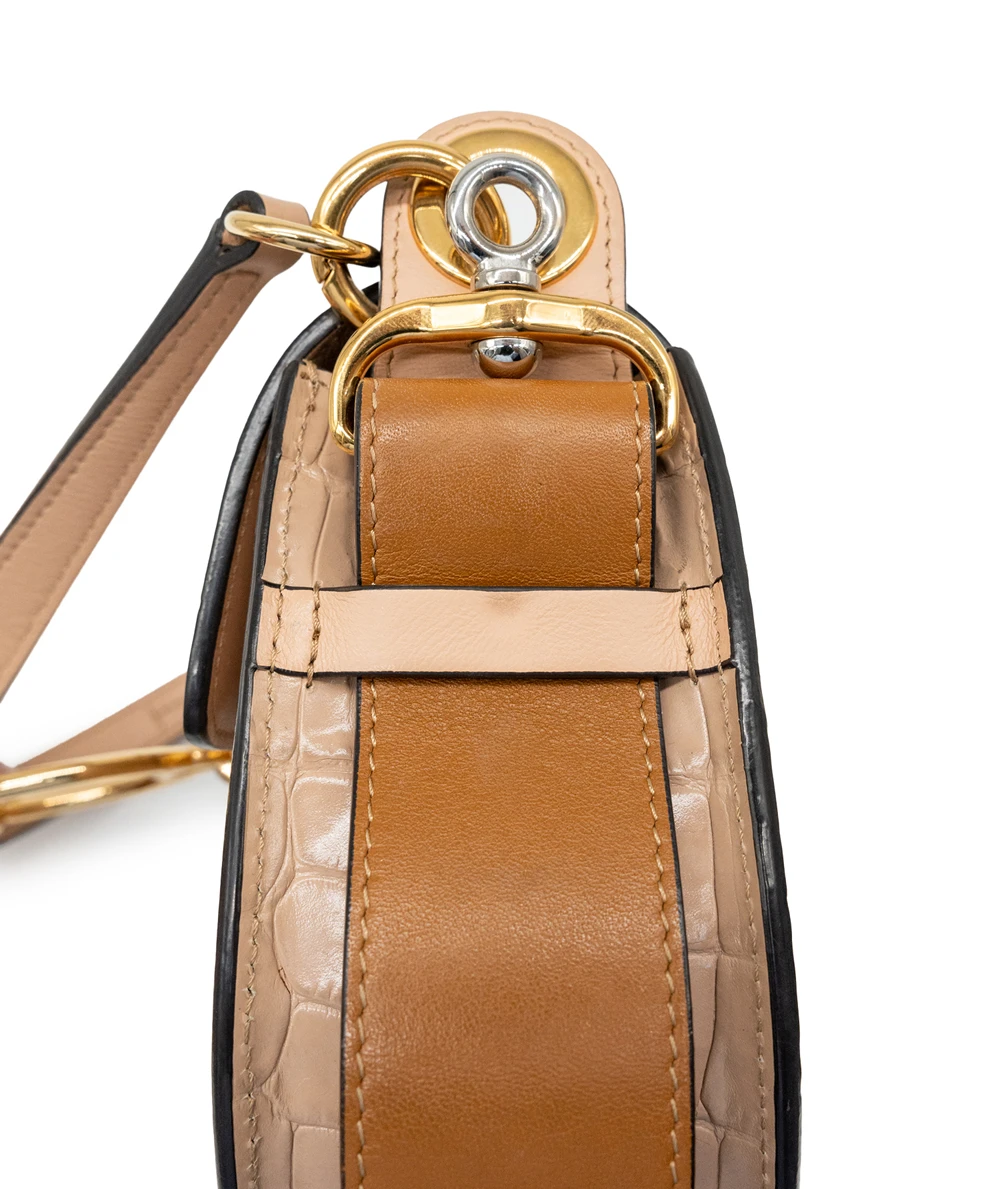 Chloe Tess Small Croc Embossed Leather Crossbody bag In Woodrose / Tan Color
