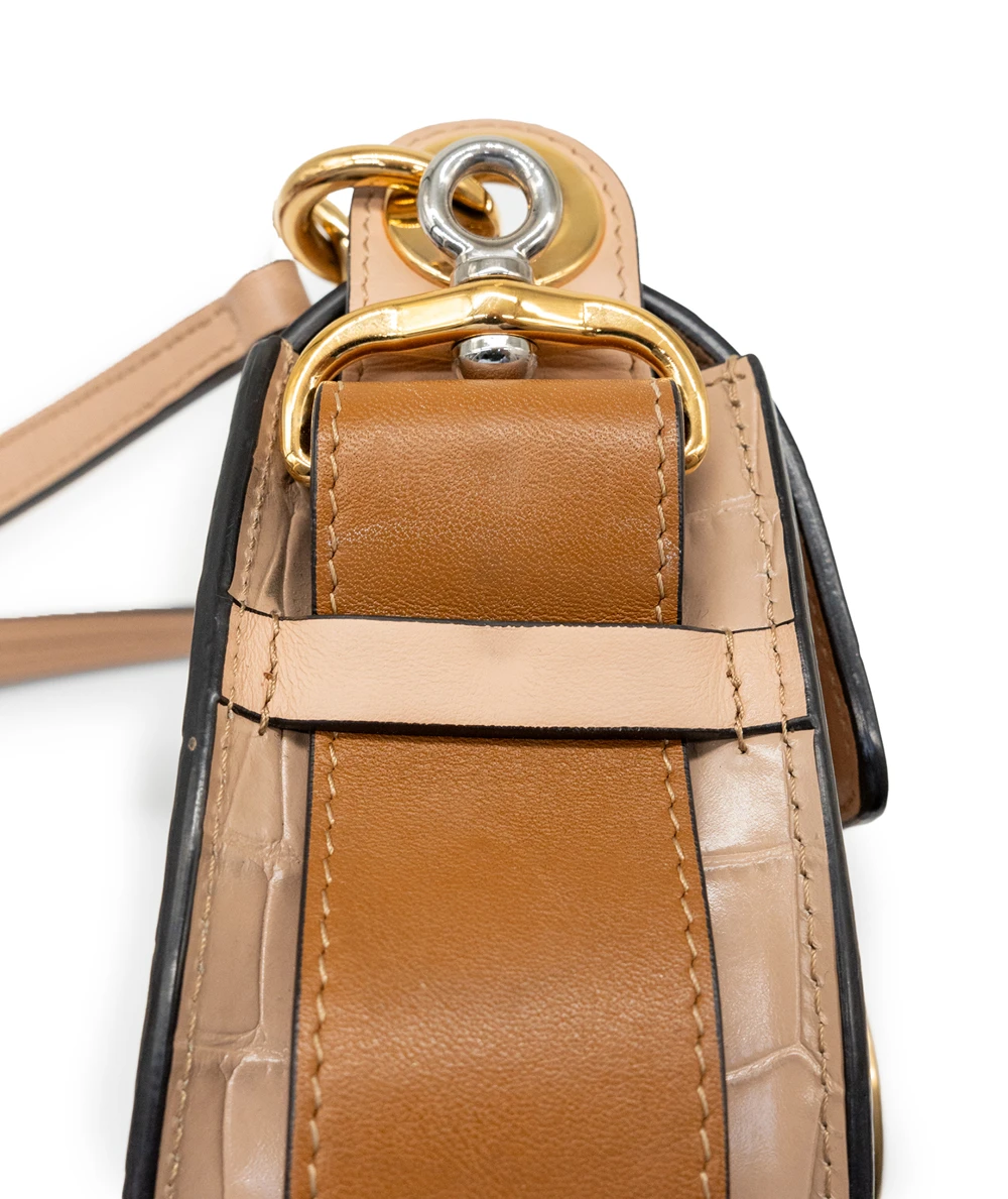 Chloe Tess Small Croc Embossed Leather Crossbody bag In Woodrose / Tan Color