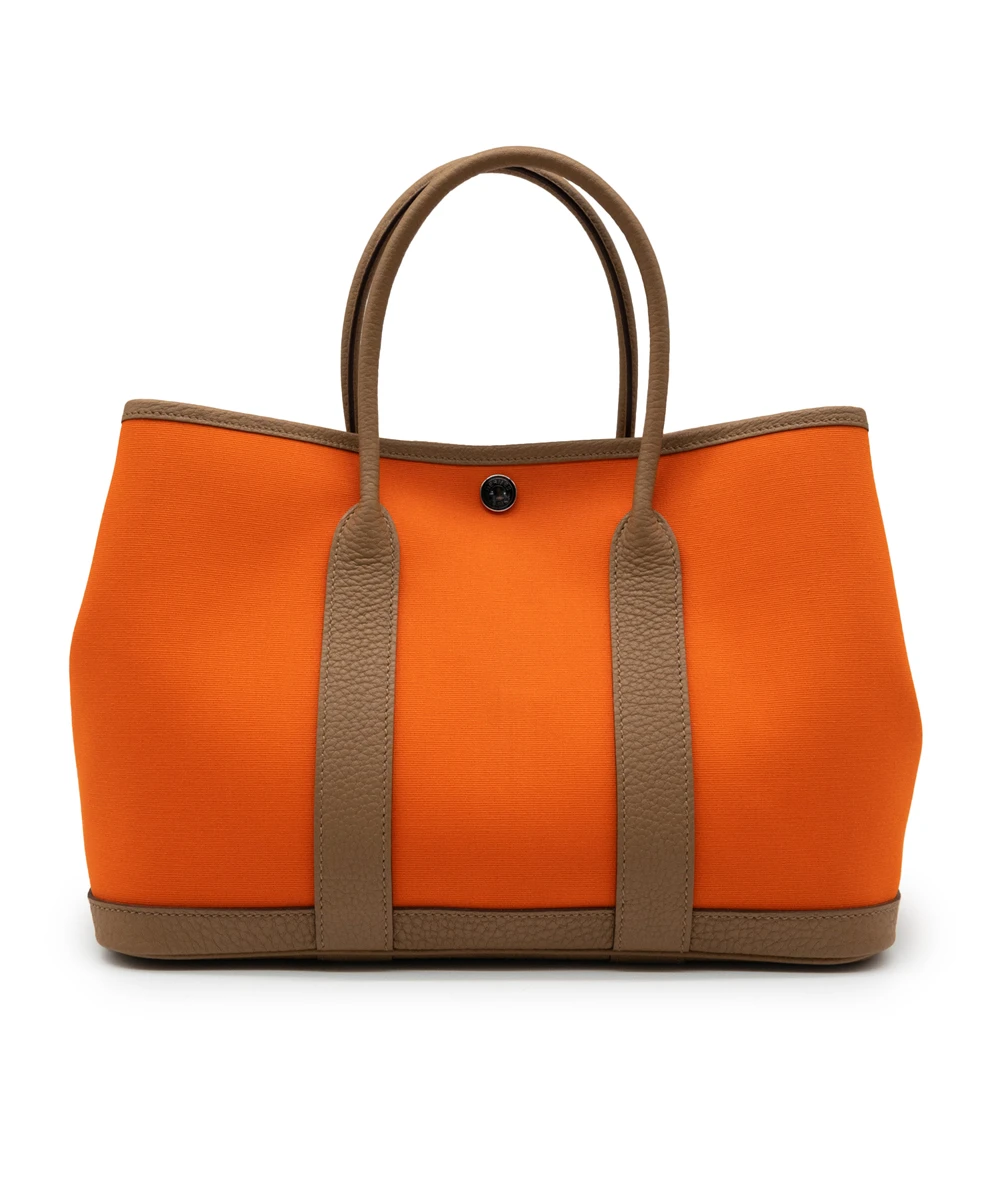 Hermes 2023 (Stamp B) Bicolor Orange Canvas and Biscuit Negonda Leather Garden Party Size 30 TPM Bag with Palladium Hardware