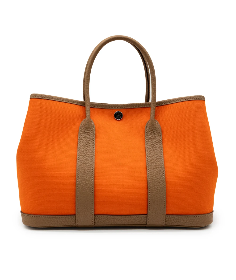 Hermes 2023 (Stamp B) Bicolor Orange Canvas and Biscuit Negonda Leather Garden Party Size 30 TPM Bag with Palladium Hardware