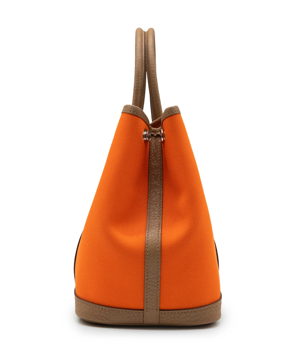 Hermes 2023 (Stamp B) Bicolor Orange Canvas and Biscuit Negonda Leather Garden Party Size 30 TPM Bag with Palladium Hardware