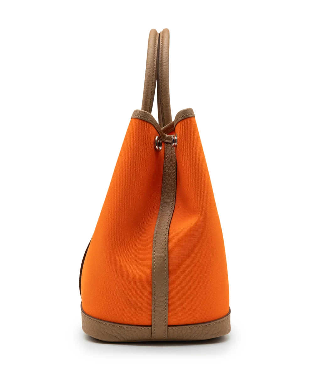 Hermes 2023 (Stamp B) Bicolor Orange Canvas and Biscuit Negonda Leather Garden Party Size 30 TPM Bag with Palladium Hardware
