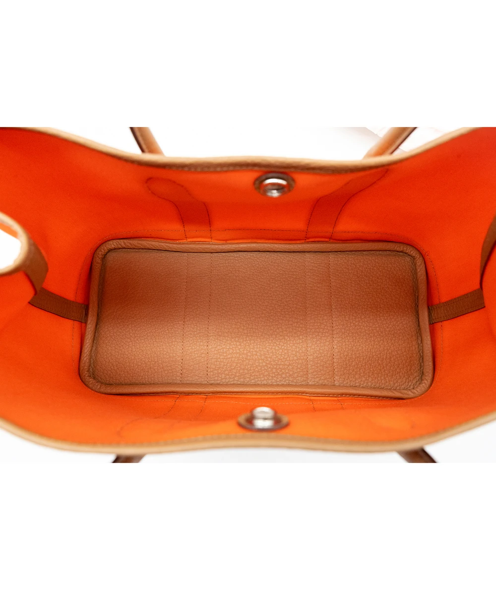 Hermes 2023 (Stamp B) Bicolor Orange Canvas and Biscuit Negonda Leather Garden Party Size 30 TPM Bag with Palladium Hardware