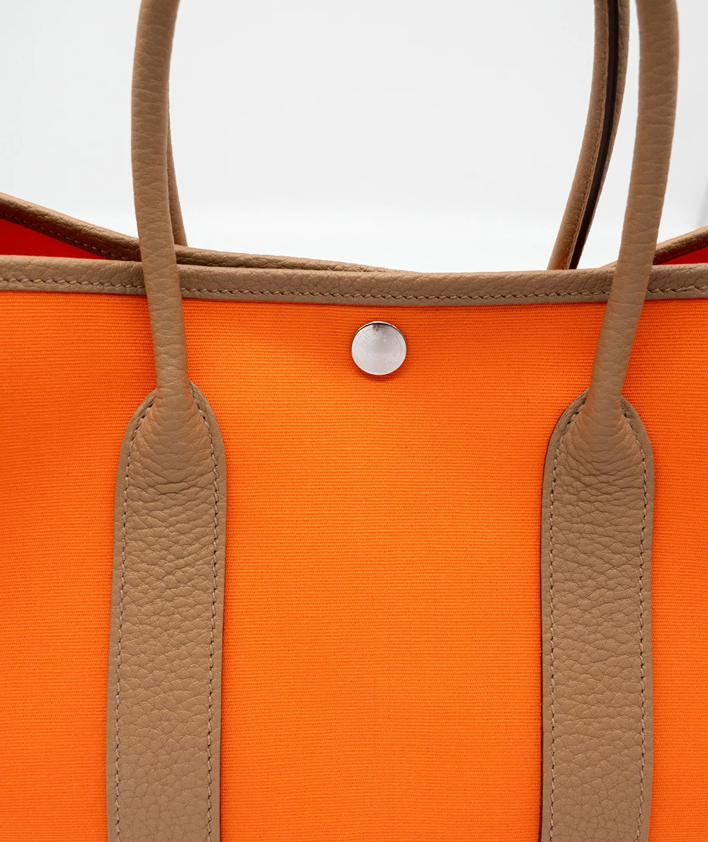Hermes 2023 (Stamp B) Bicolor Orange Canvas and Biscuit Negonda Leather Garden Party Size 30 TPM Bag with Palladium Hardware