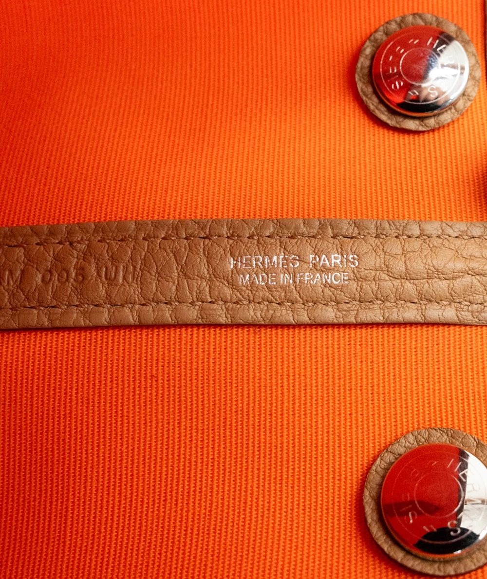 Hermes 2023 (Stamp B) Bicolor Orange Canvas and Biscuit Negonda Leather Garden Party Size 30 TPM Bag with Palladium Hardware